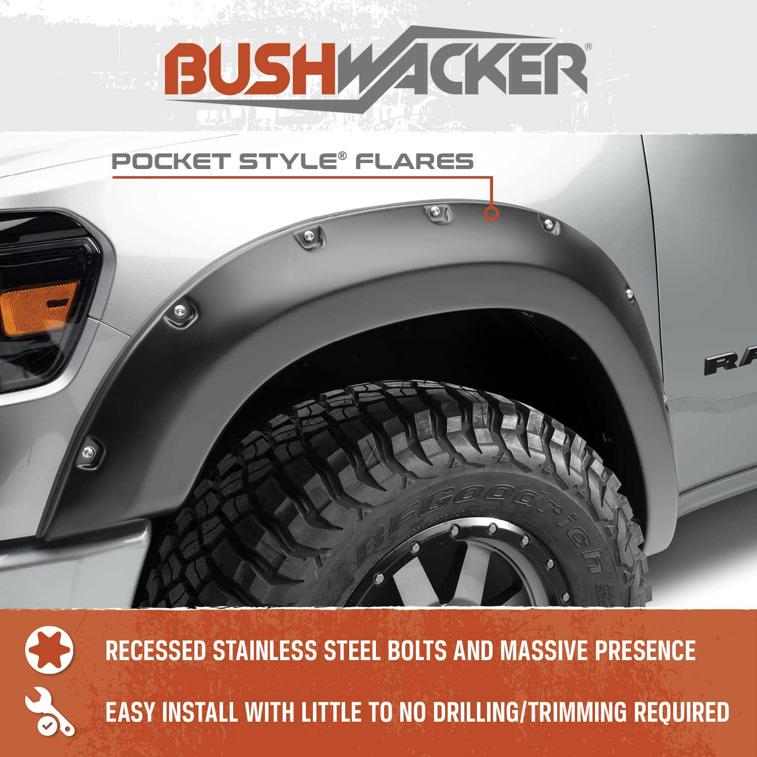Bushwacker 30040-02 Black Pocket/Rivet Style Smooth Finish Rear Fender Flares For 2014-2021 Toyota Tundra