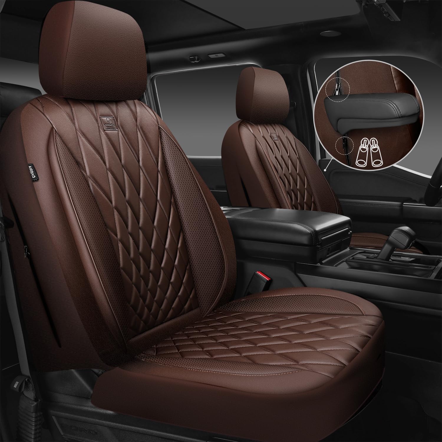 Car Pass Piping Luxury Faux Leather Seat Covers Full Set, 5 Seats Anti-Slip Waterproof Seat Covers Compatible With Front Armrest