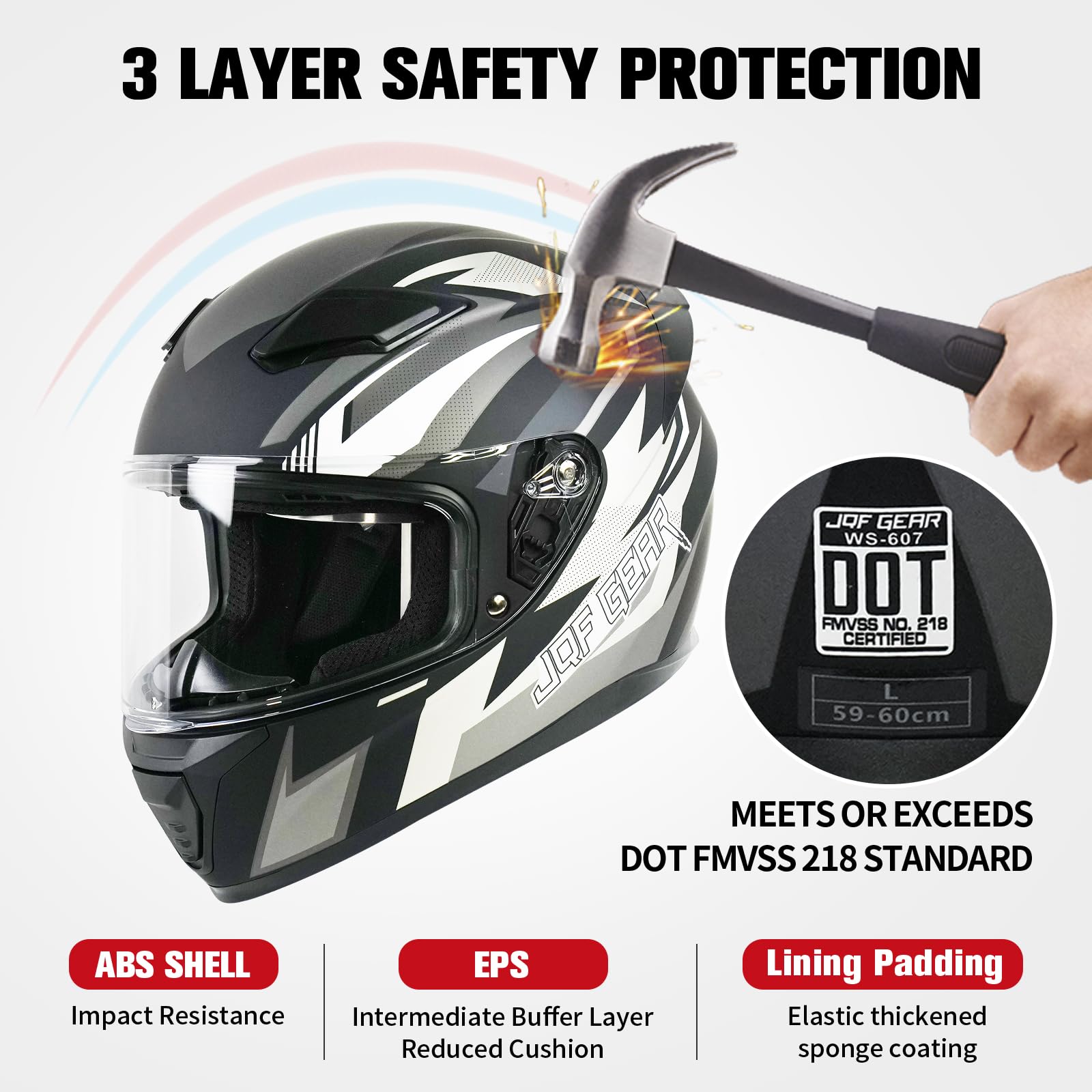 Jqf Gear Full Face Motorcycle Helmet Ws-607 Dot Approved Motorbike Racing Street Bike Helmets For Adults With Visor (Gray Ash, M