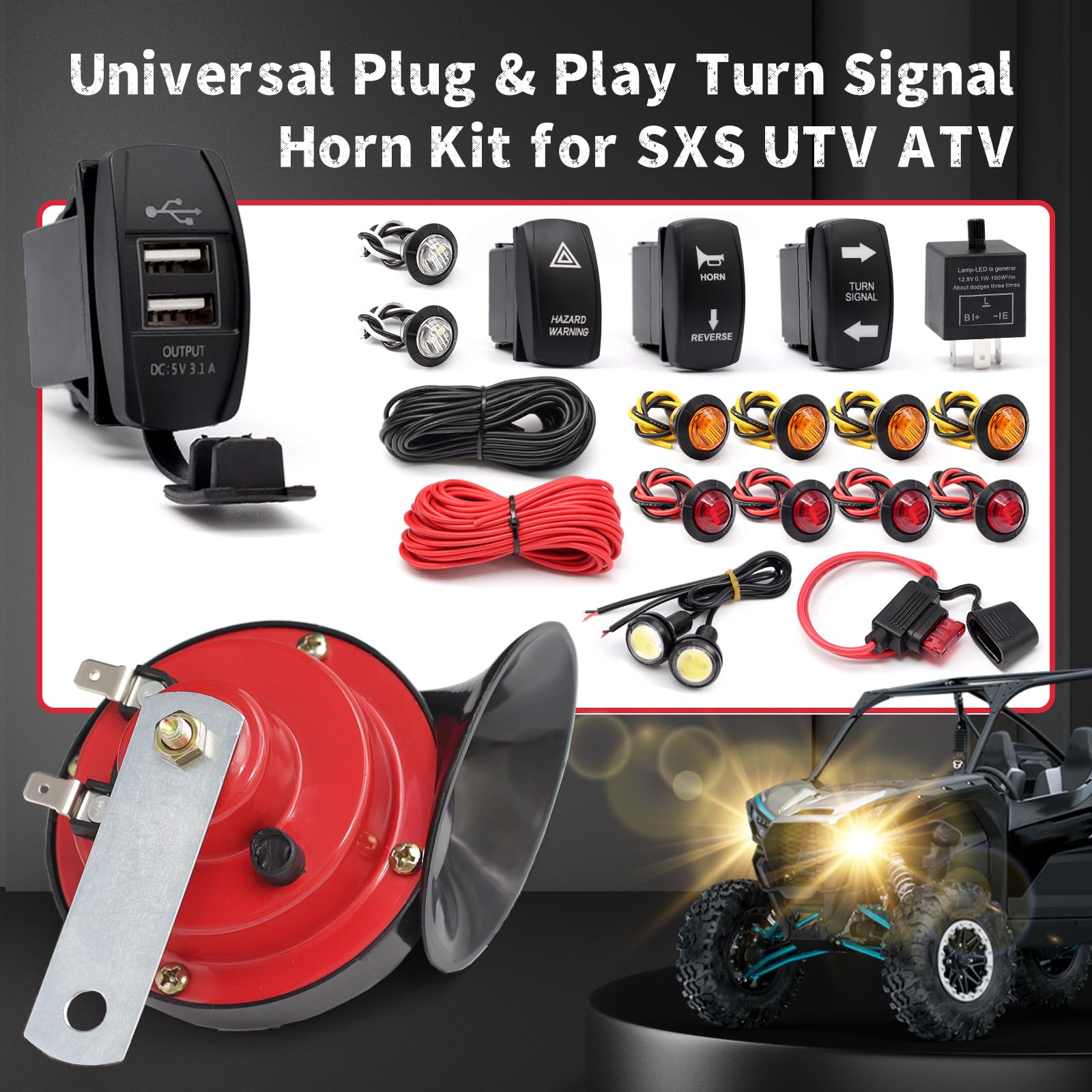 Universal Atv Utv Turn Signal Horn Kit,Street Legal Kit For Utv Rov Atv Golf Sxs Car With Rocker Switch 2 Ports Usb Relay Horn F