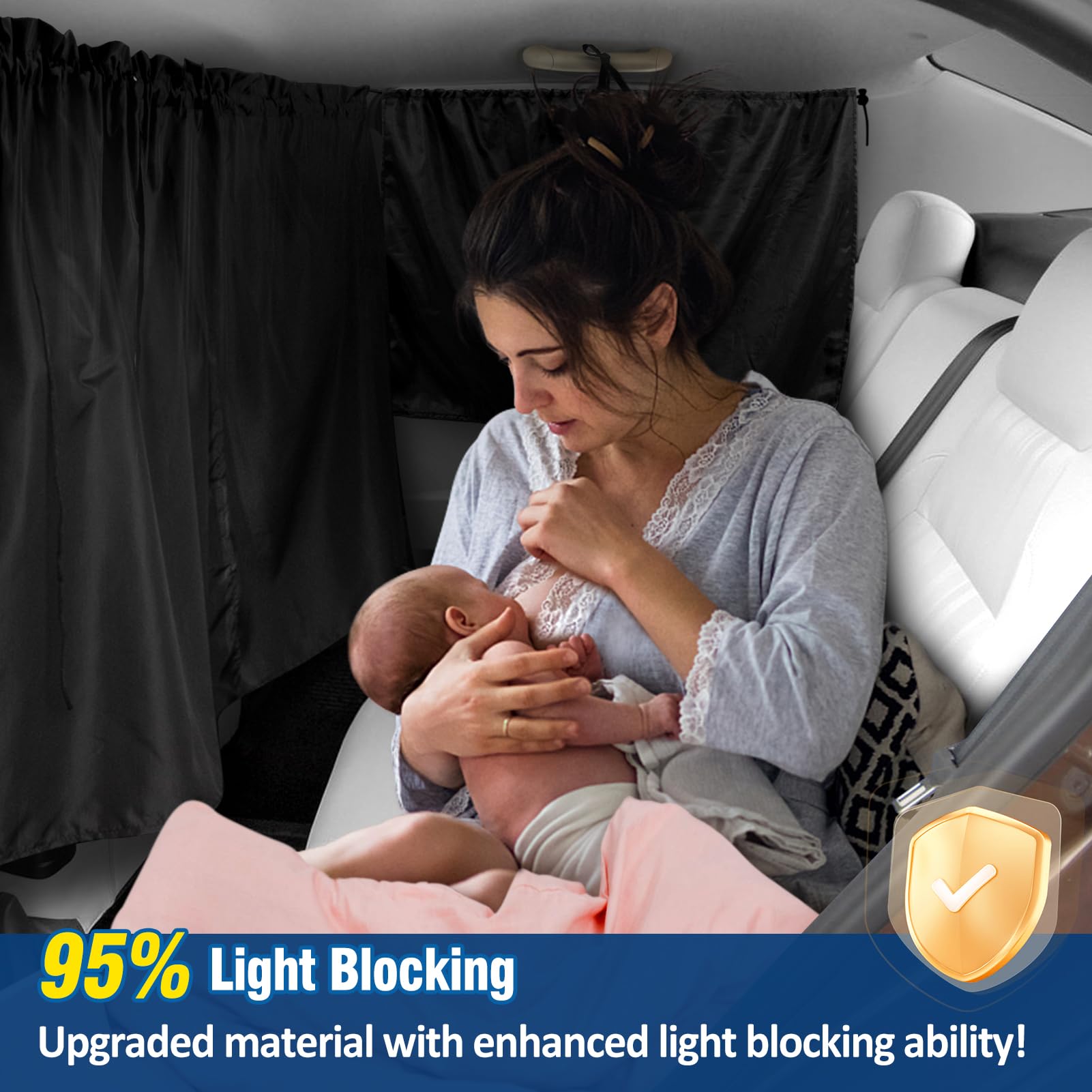 Set Of 3 Car Window Shades - 95% Light Blocking Sunshades, 1 Privacy Divider Curtains & 2 Side Window Covers, Wide Sedan Suv Acc