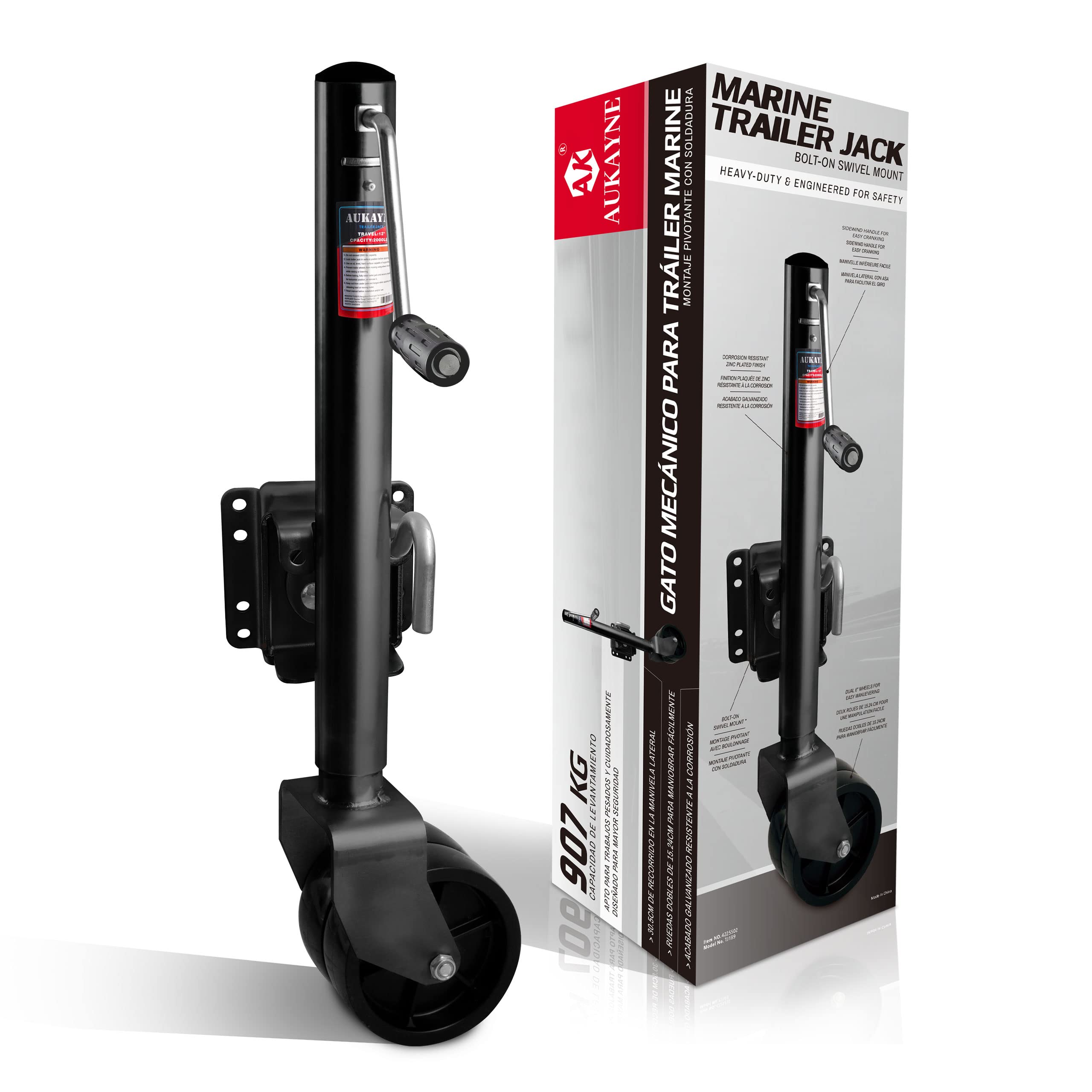 Aukayne Boat Trailer Jack With Wheel Swivel- 2000 Lbs 12'' Lift Heavy Duty (Black)