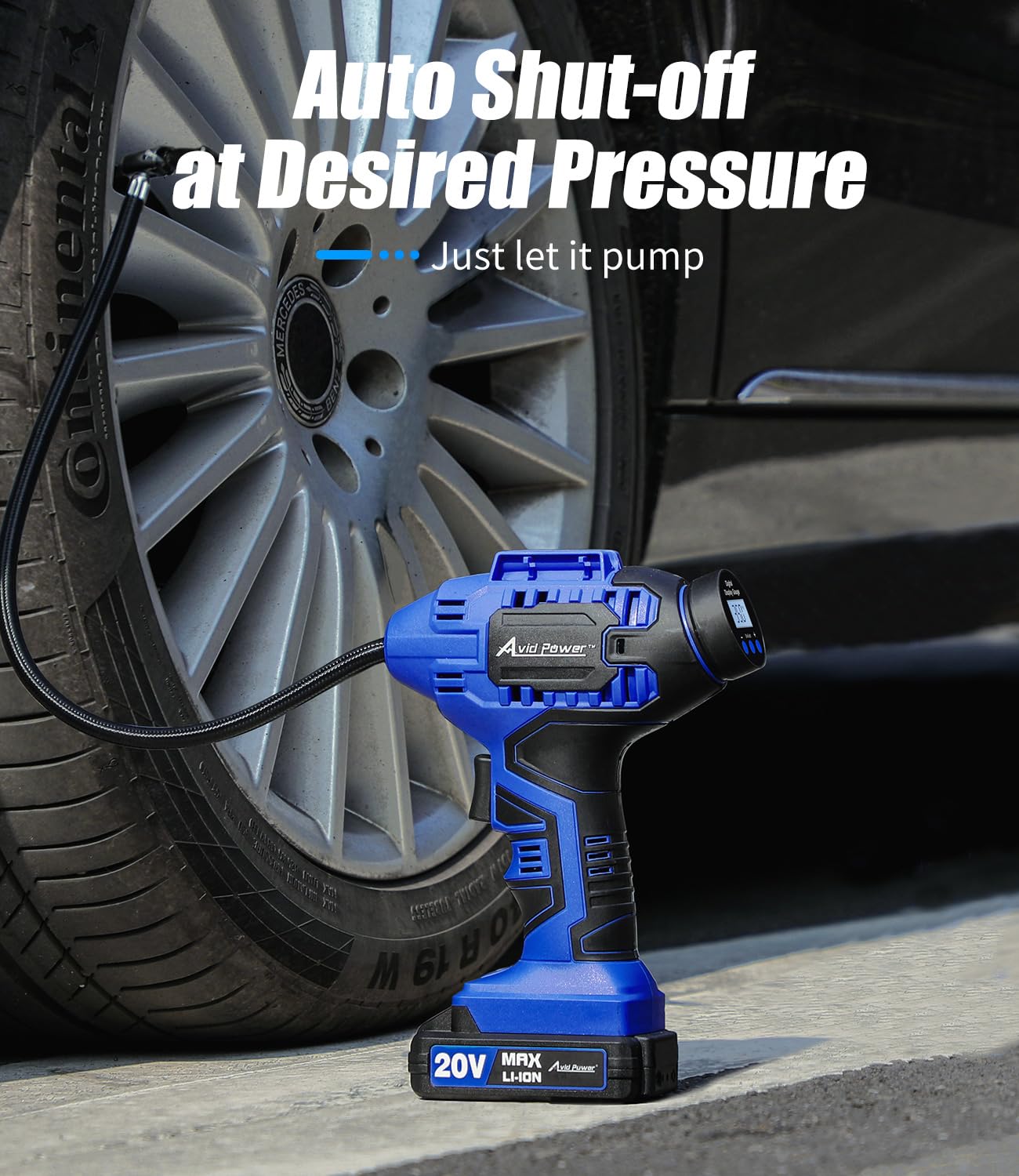 AVID POWER 20V Cordless Tire Inflator with Digital Pressure Gauge, 12V Car Adapter, Portable Air Pump - Blue, Model ACAP115D-B