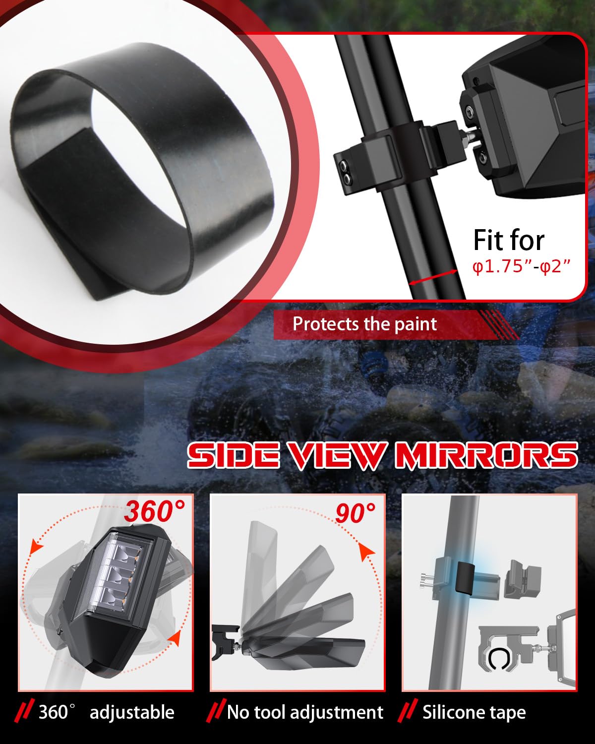 BraveWAY Side View Mirrors with Turn Signal & Work Lights for ATV/UTV, 1.75"-2", White+Amber(C-Bracket)