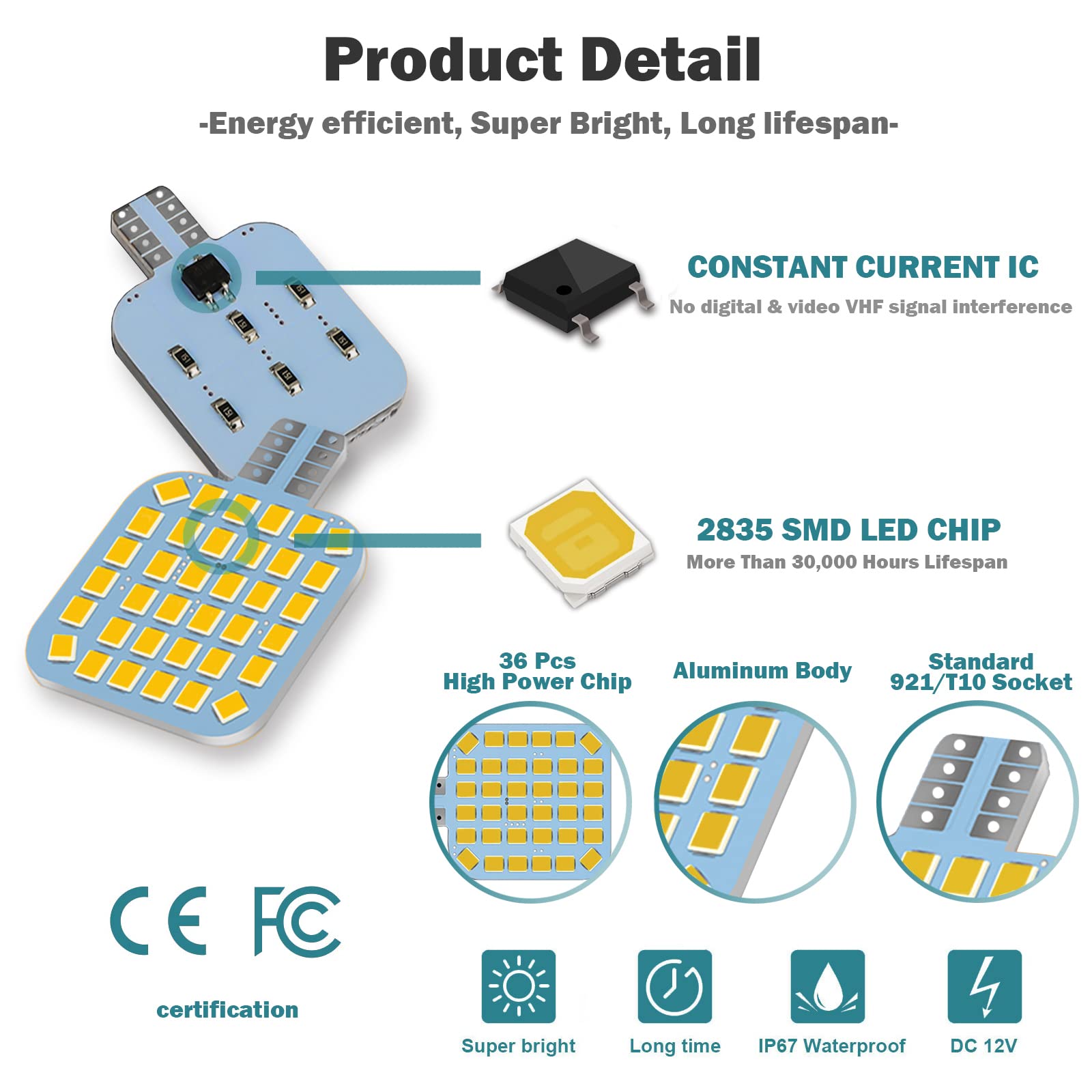 Xishwon 20PCS T10 RV Interior LED Light Bulbs, 36-SMD, 3200K Warm White, Aluminum Replacement for Camper, Trailer, Boat, Car Indoor Lighting