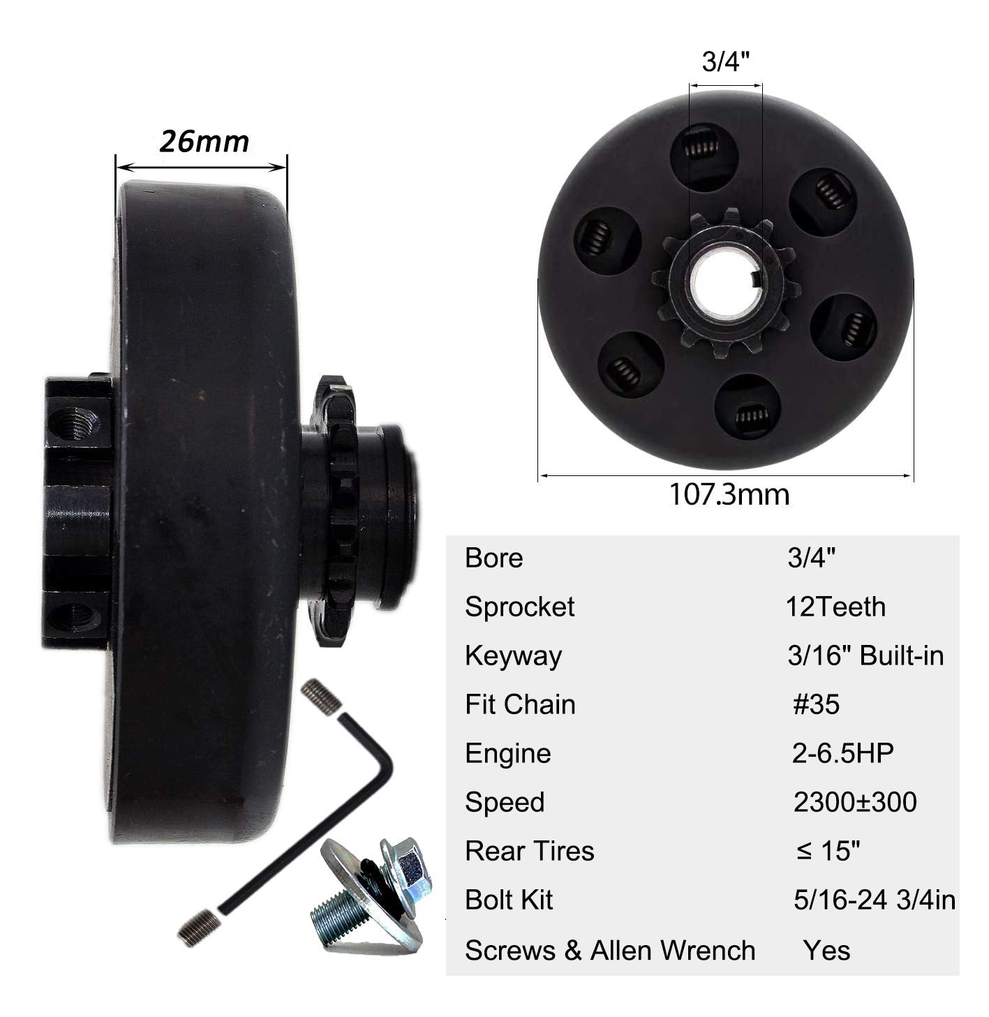 FDJ Predator Mini Bike Clutch 12 Tooth 3/4" with Screws, Allen Wrench, Bolts & Nuts Kit