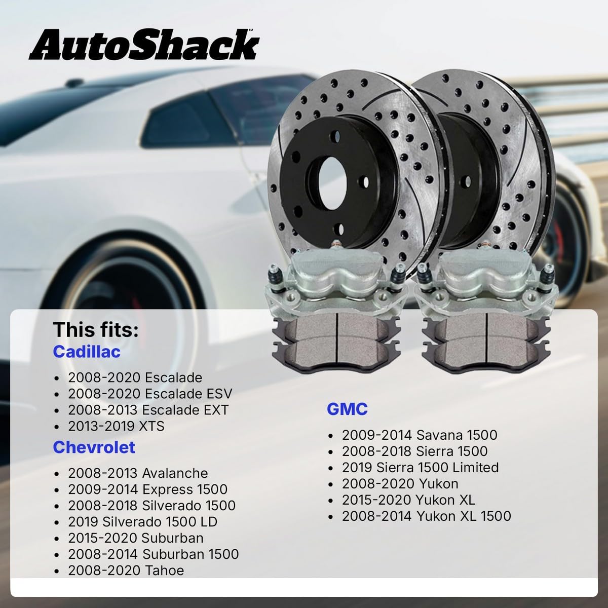 Auto Shack Brake Rotors Kit - Drilled & Slotted with Ceramic Pads for Chevrolet Silverado 1500, Tahoe, Cadillac Escalade EXT 4WD