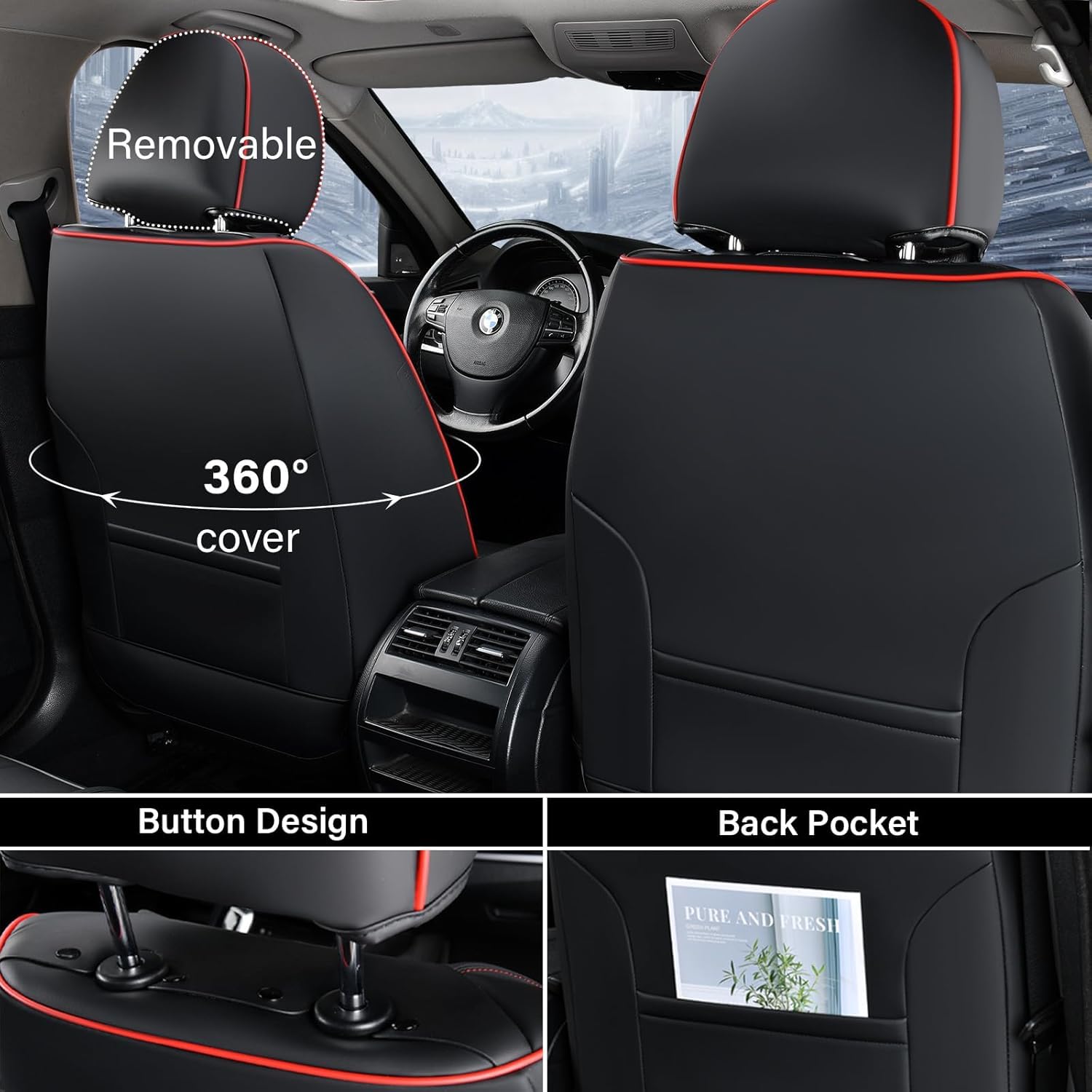 Coverado Car Seat Cover Full Set, Red Seat Covers Front Seats Back Seat Covers, Nappa Leather Waterproof, Car Seat Cushion, Car