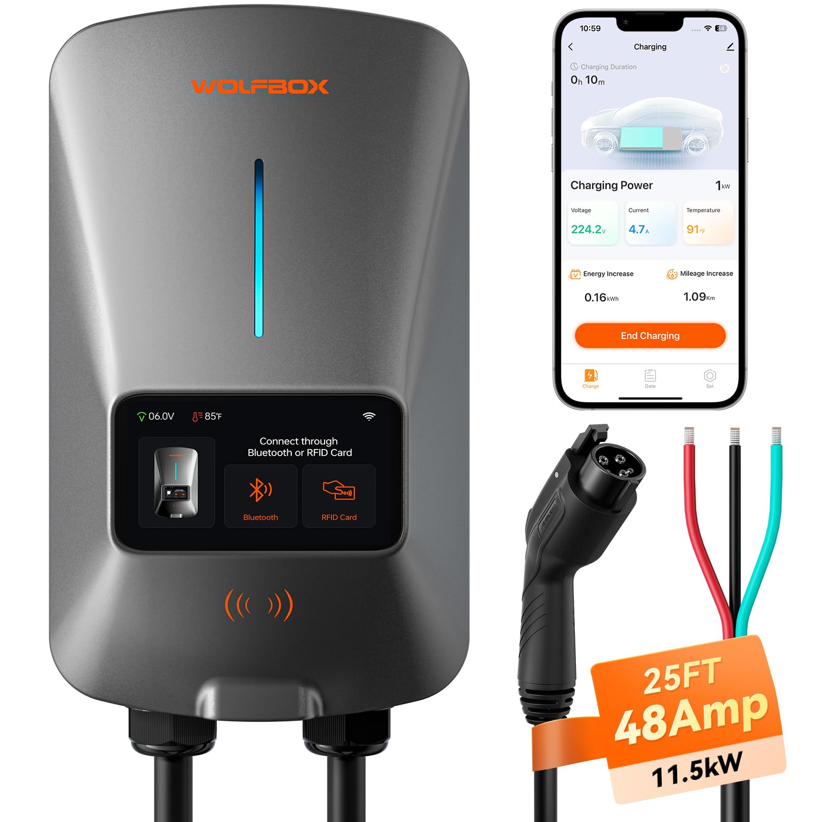 Wolfbox Level 2 Ev Charger 48 Amp - Smart Display, Rfid Card, 25Ft Cable, Outdoor/Indoor, Hardwired Ev Charger Level 2, Wifi Ena