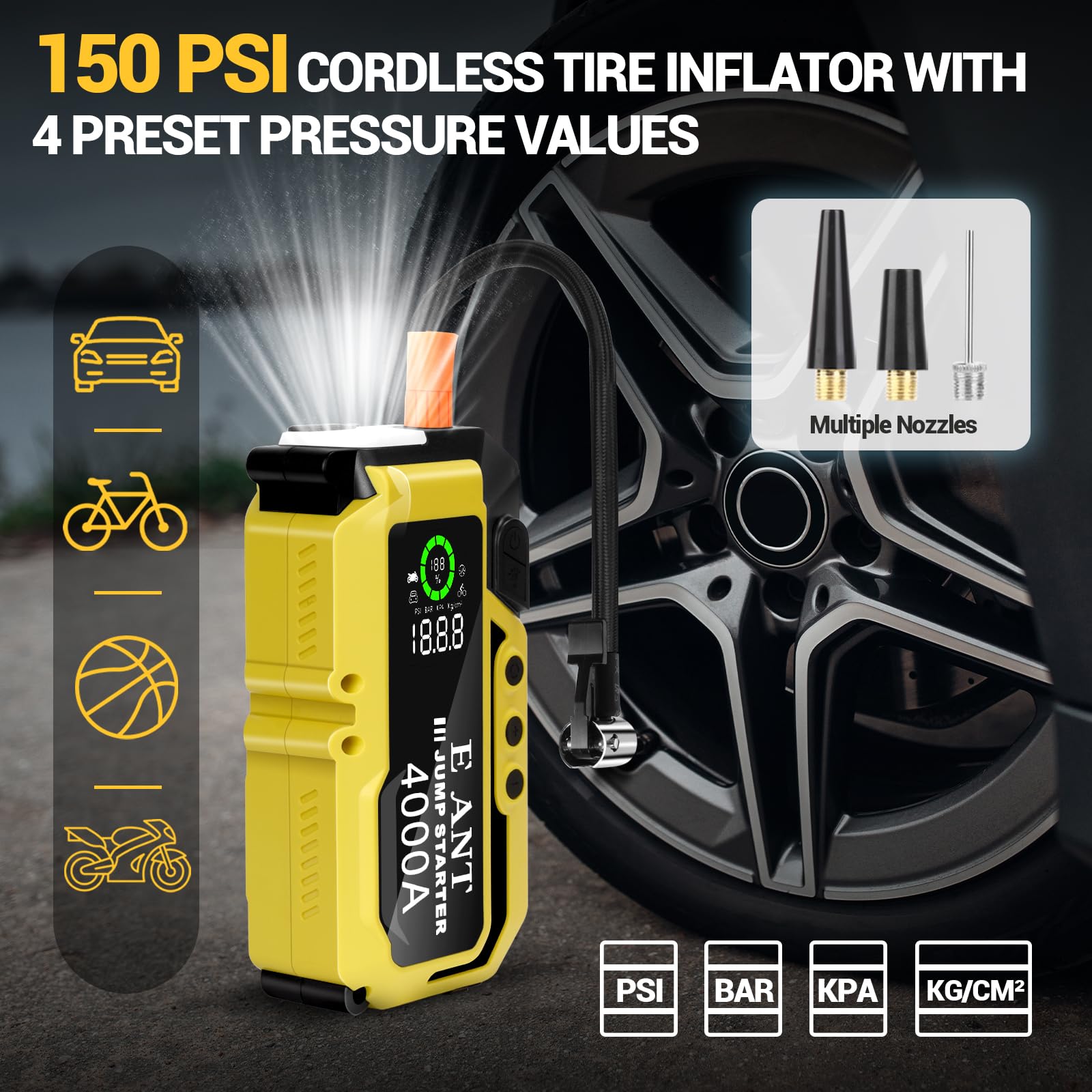 E-Ant Car Jump Starter With Air Compressor(10L Gas/8L Diesel), 4000A Peak 12V Auto Battery Jump Pack, Power Bank Usb Qc3.0 Outputs Portable Battery Booster Pack Jumper Box Tire Inflator 150Psi, Yellow