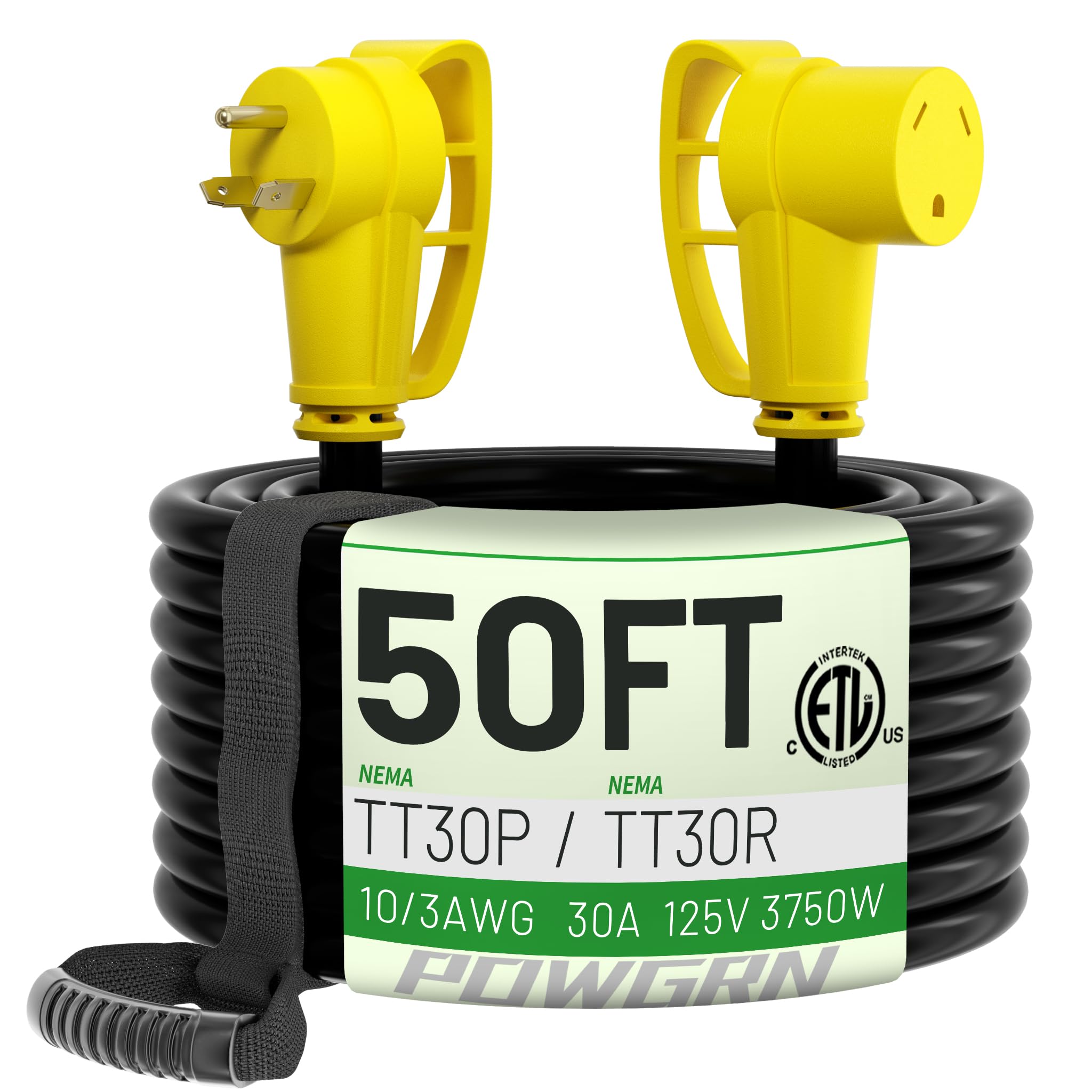 Powgrn 30 Amp Rv Extension Cord 50 Ft Outdoor With Grip Handle, Flexible Heavy Duty 10/3 Gauge Stw 3 Prong Rv Power Cord With Ca