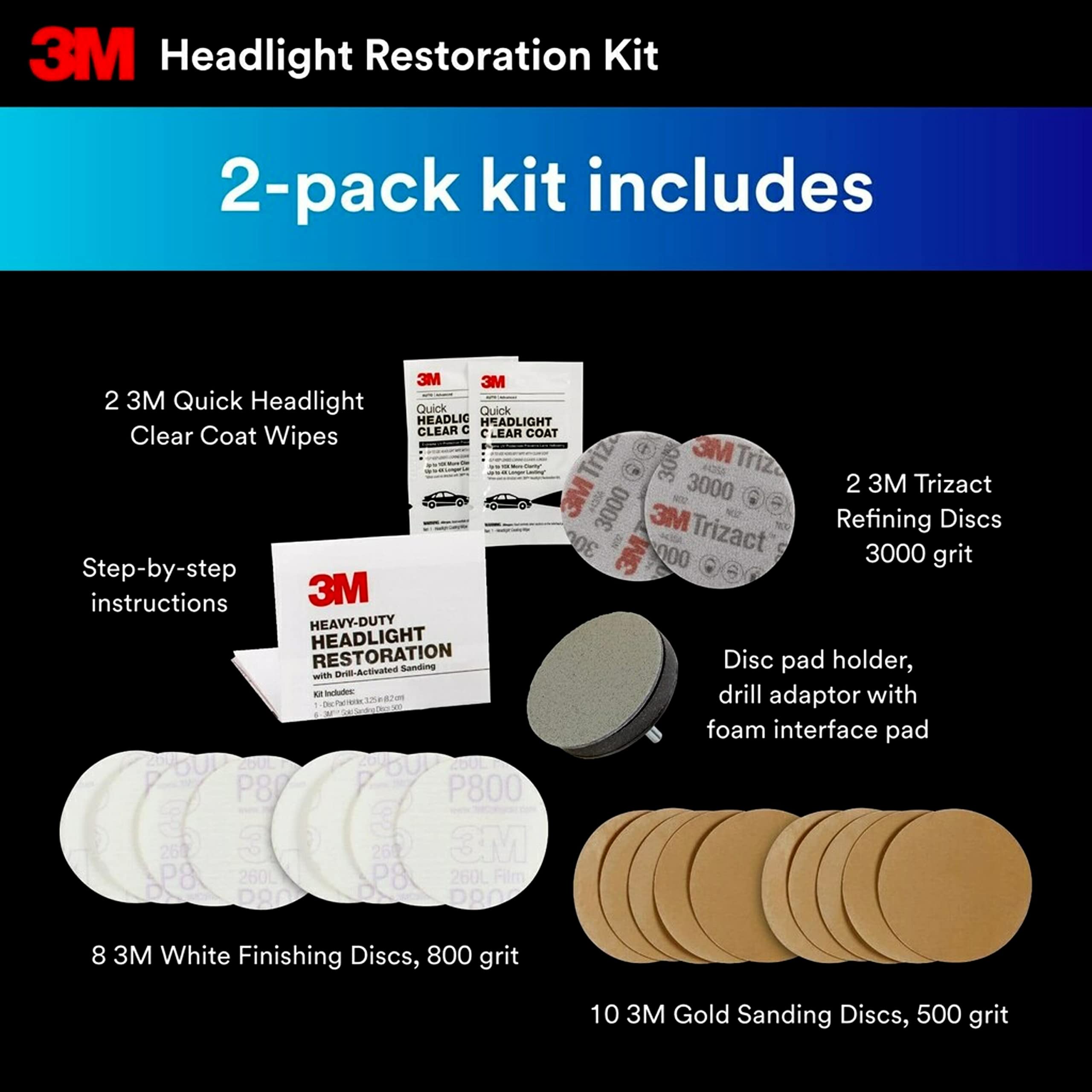 3M Headlight Restoration Kit - Heavy Duty 2-Pack for Car Headlight Cleaning - Model 39008F2, Drill Required
