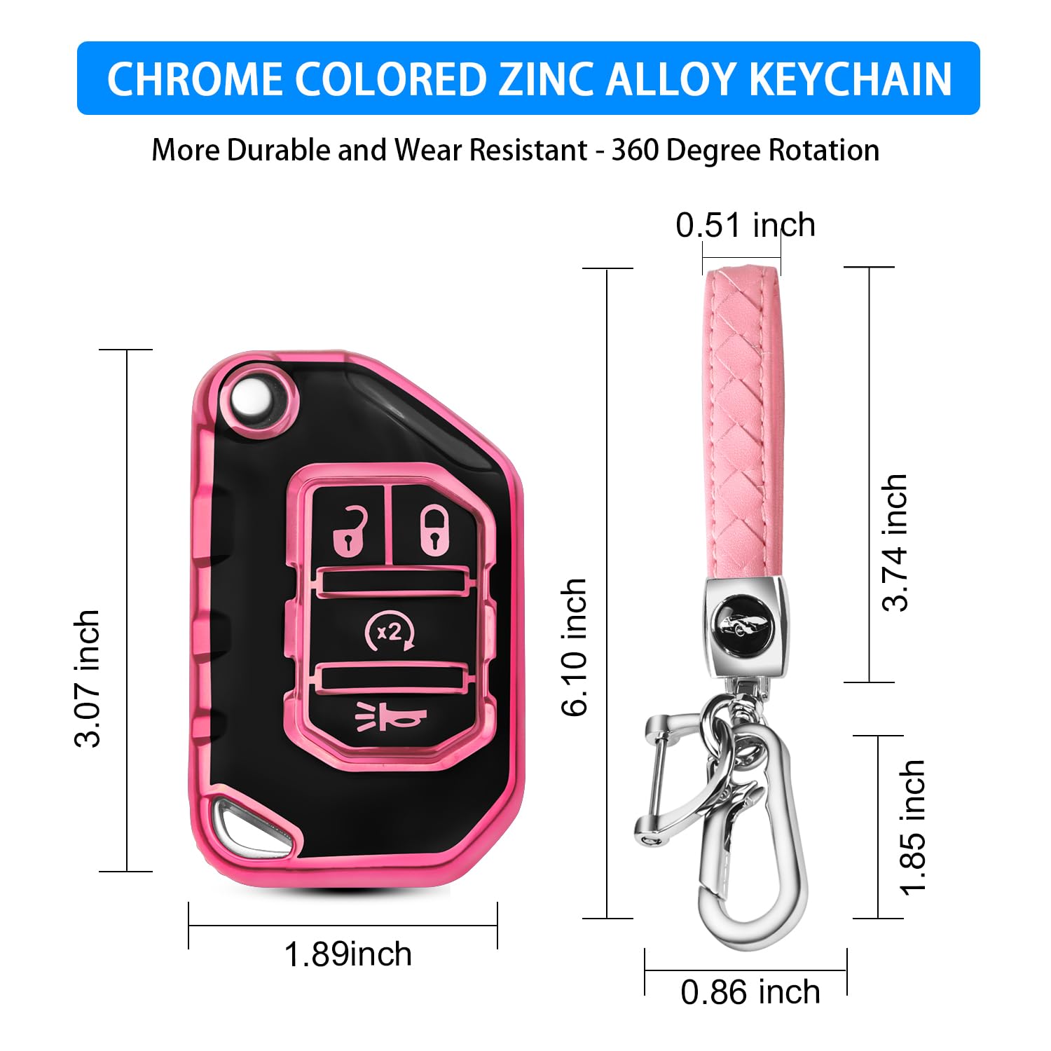 QBUC Jeep Key Fob Cover with Keychain, One Size, Pink, Compatible with Wrangler JL/JLU & Gladiator JT, Model Jp hj-020