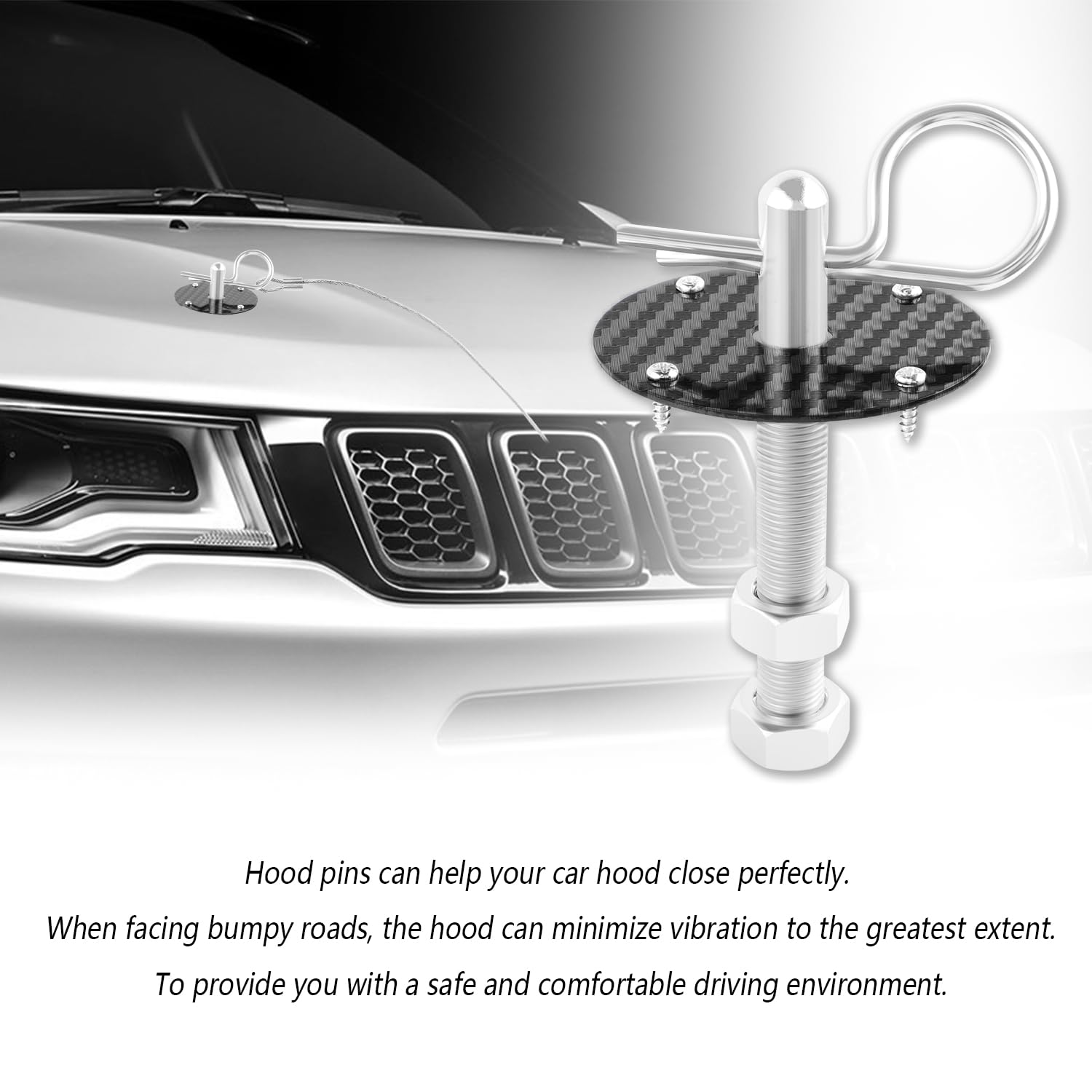 IHOTDER Stainless Steel Car Hood Pins Kit - Quick Release, 4.13"x2.49", Carbon Fiber Black, Reduces Shaking, Universal Automotive Accessory