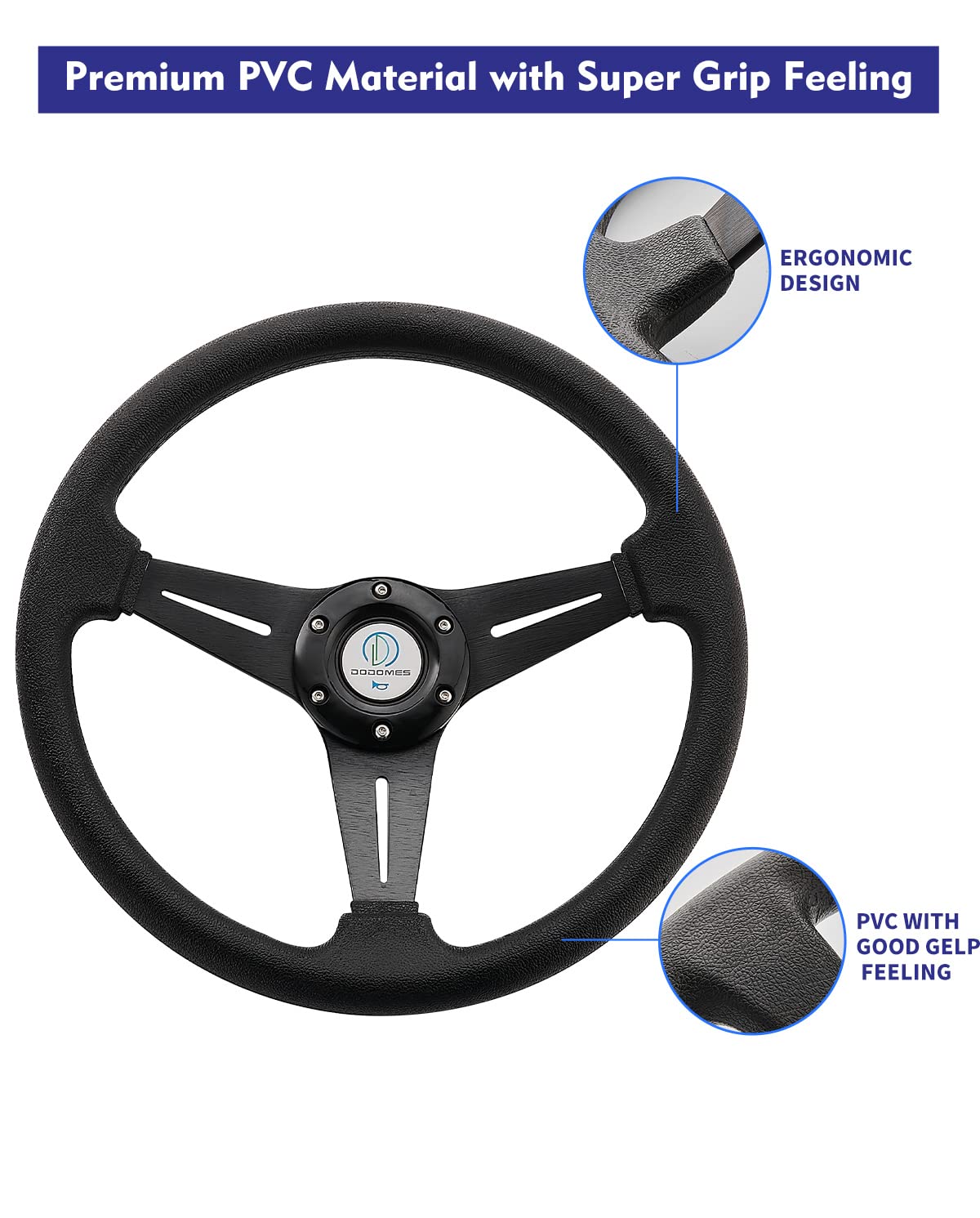 Dodomes Racing Golf Cart Steering Wheel, 13.8" Black Vinyl/Leather, Aluminum, Model DomSW3B, Universal Fit for EZGO/Yamaha