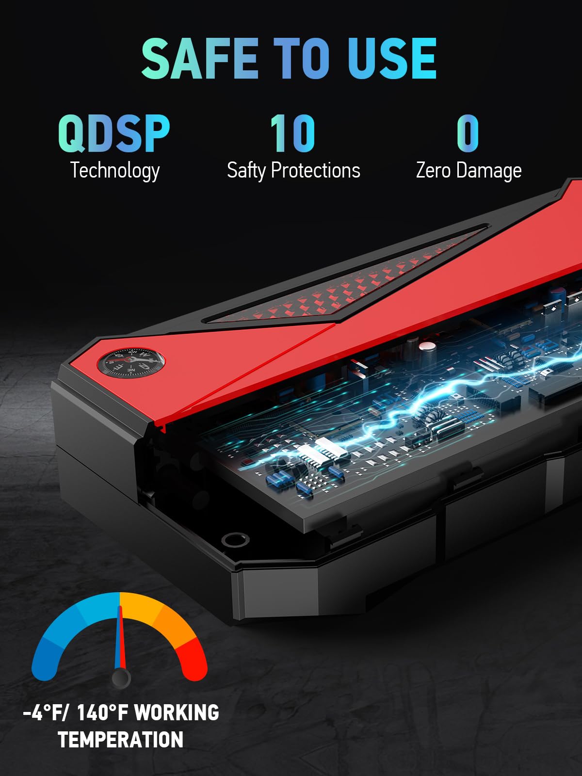 DBPOWER DJS90 Portable Car Jump Starter 2000A, 18000mAh, with Smart Charging, Compass, LCD Screen, LED Light, Black/Red