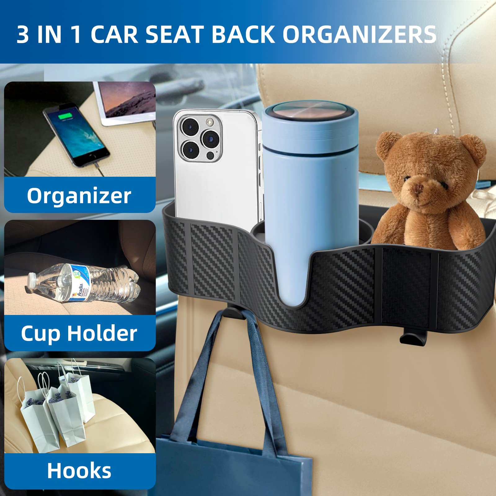 OUSHASAA Car Headrest Backseat Organizer with 3.7'' Cup Holder, 3 in 1 Seat Back Organizer with Headrest Hooks, Multifunctional