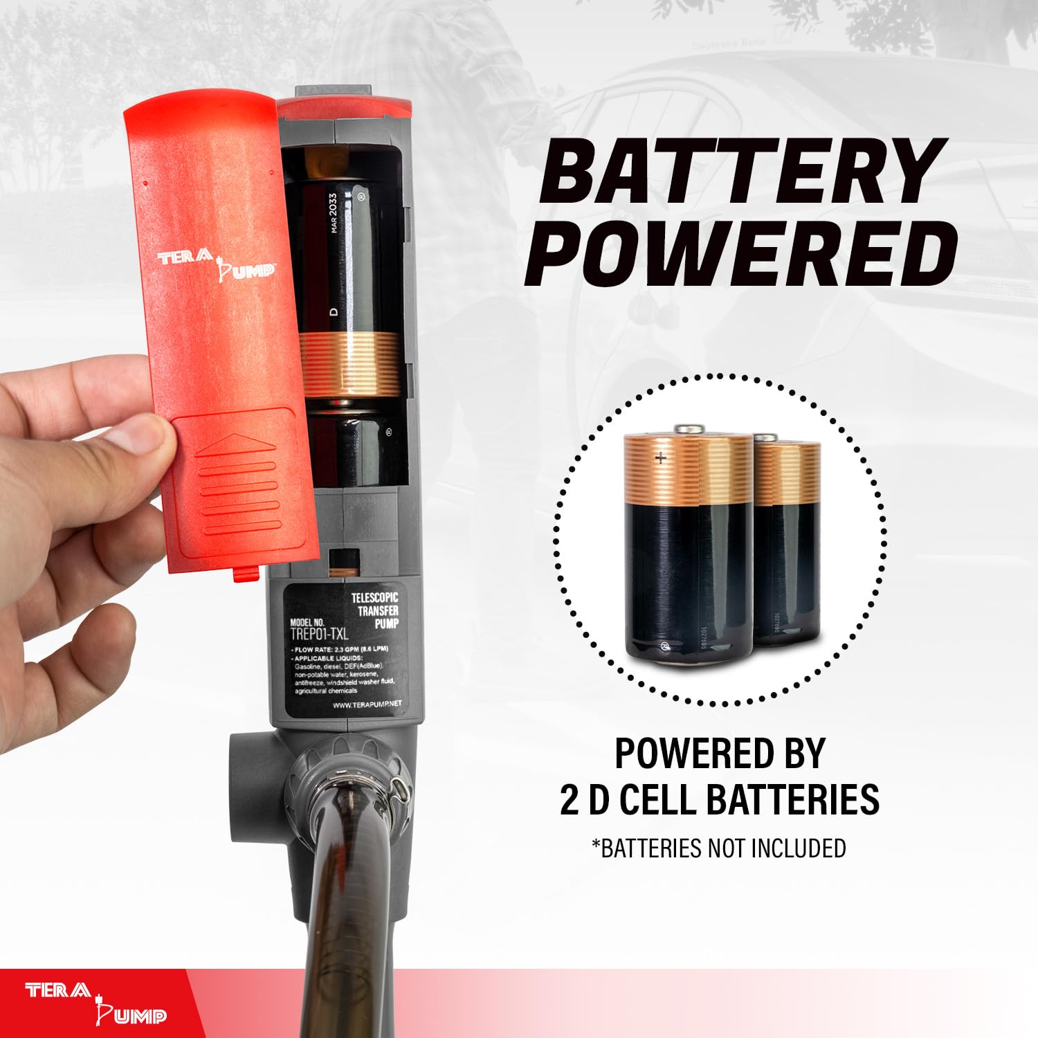 Tera Pump Fuel Transfer Pump W/Quick Flow Control Nozzle & Telescopic Tube - 3X Powerful D Battery Powered, 10Ft Xl Long Discharge Hose, Multipurpose Portable Battery Pump For Gas, Diesel (2.4 Gpm)