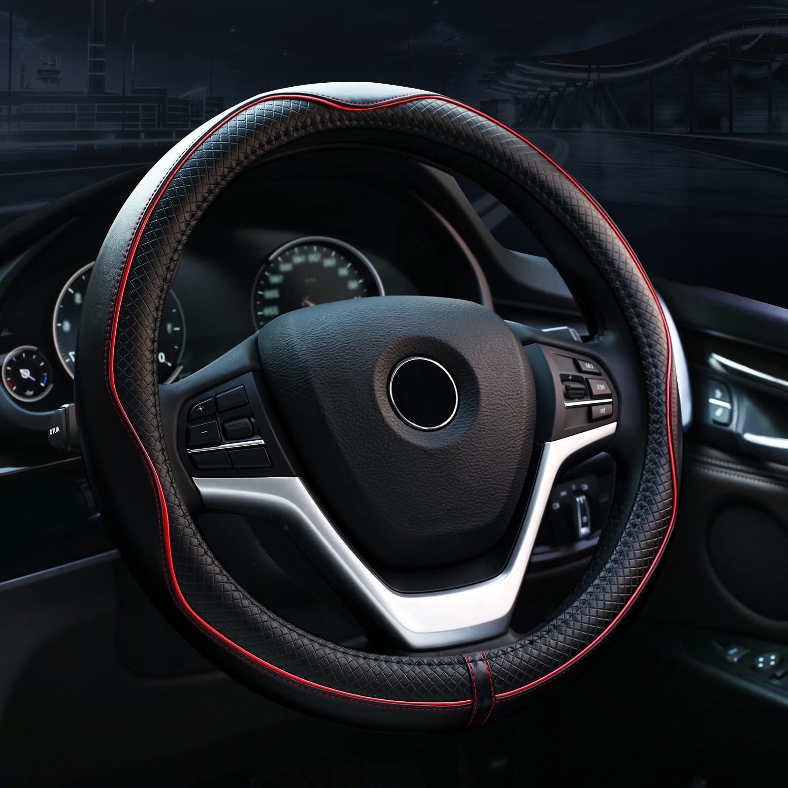 Valleycomfy Steering Wheel Covers Universal 15.75 Inch - Genuine Leather, Breathable, Anti Slip & Odor Free (Black With Red Line