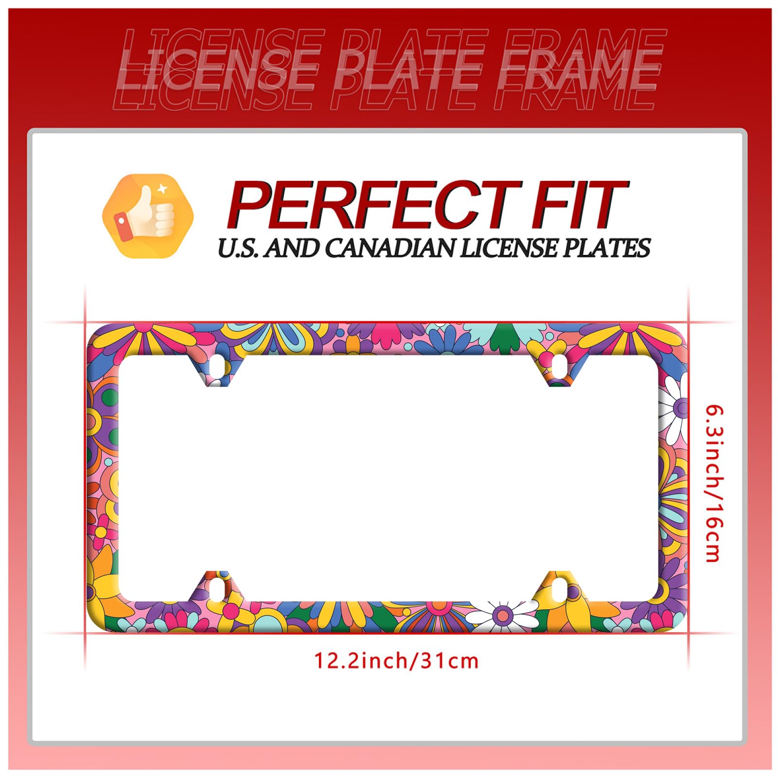 LOISTAVA Hippie Flowers License Plate Frame - Colorful Stainless Steel, 12.3" x 6.3", Floral Design, Cute Auto Decoration
