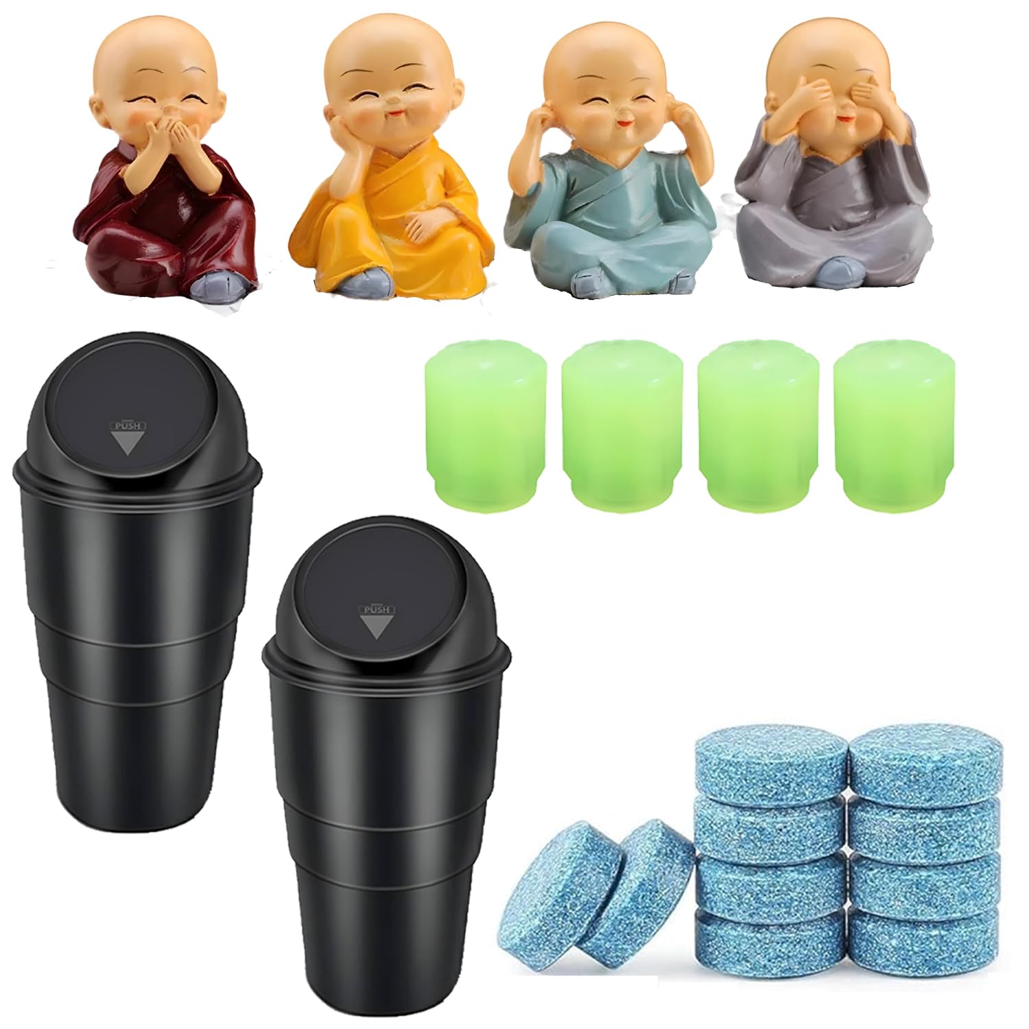 Oblivion Car Cleaning Kit Combo 20 Pcs  Mini Trash Bin 2 Pcs, Luminous Glow Tyre Valve Caps Covers 4 Pcs, Wiper Detergent Effer