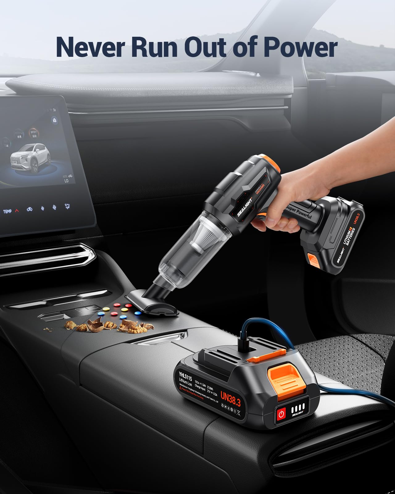 SEALIGHT Handheld Car Vacuum Cleaner - 21000Pa Suction, Wireless, 18V/120W, Black, Model X1PM