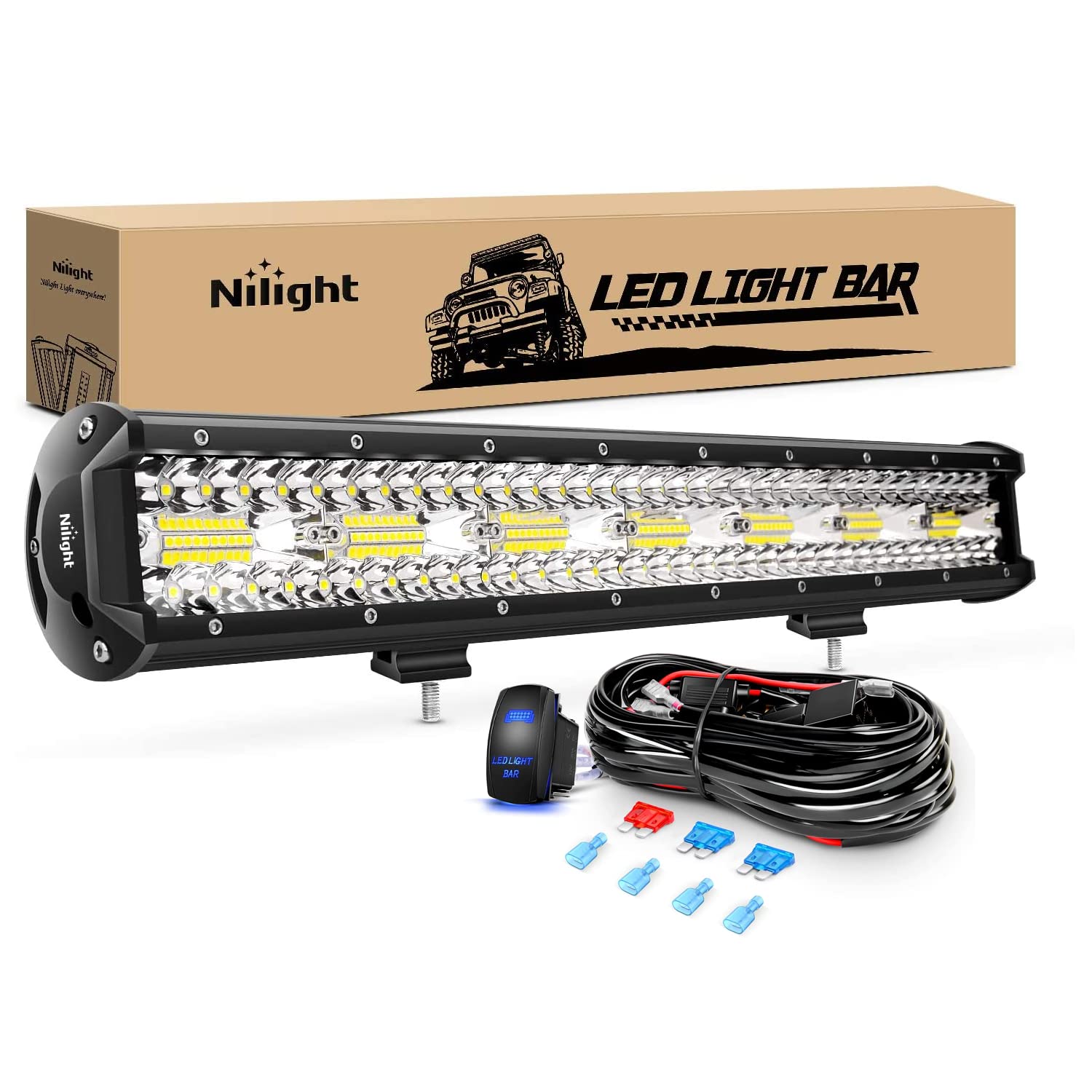 Nilight 20 Inch 420W Led Light Bar Triple Row Flood Spot Combo 42000Lm Driving Boat Led Off Road Lights With 12V On/Off 5 Pin Ro
