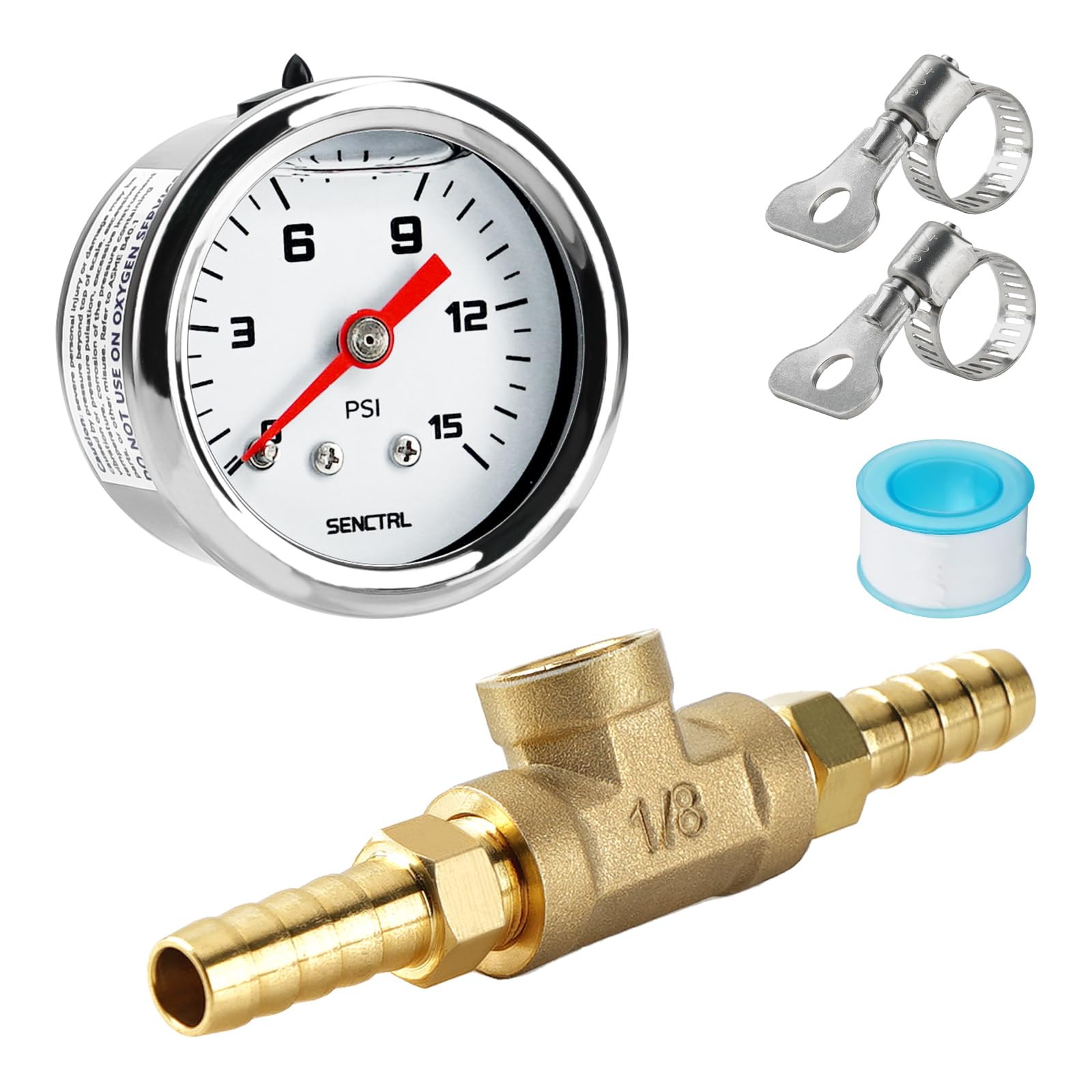 SENCTRL Fuel Pressure Gauge Kit 15 PSI for 5/16 Fuel Line, White Dial, Carburetor Engines, Small Engines Stainless Steel Low Pre