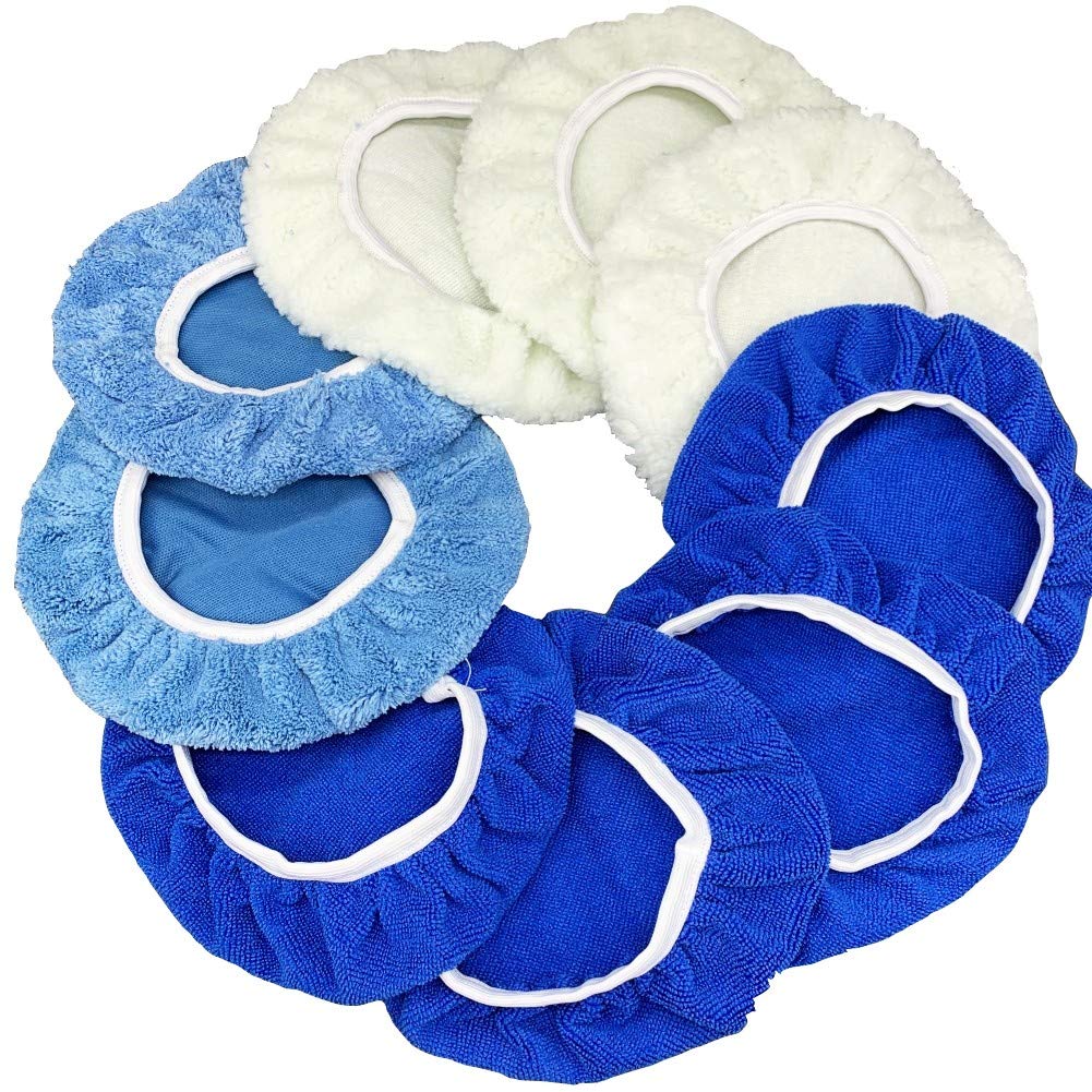 9 to 10 Inches 9Pcs Buffer Waxers Bonnet Set Polishing Pads Car Wax Cover Kit  4 Microfiber, 3 Coral Fleece, 2 Woolen, for Orbi