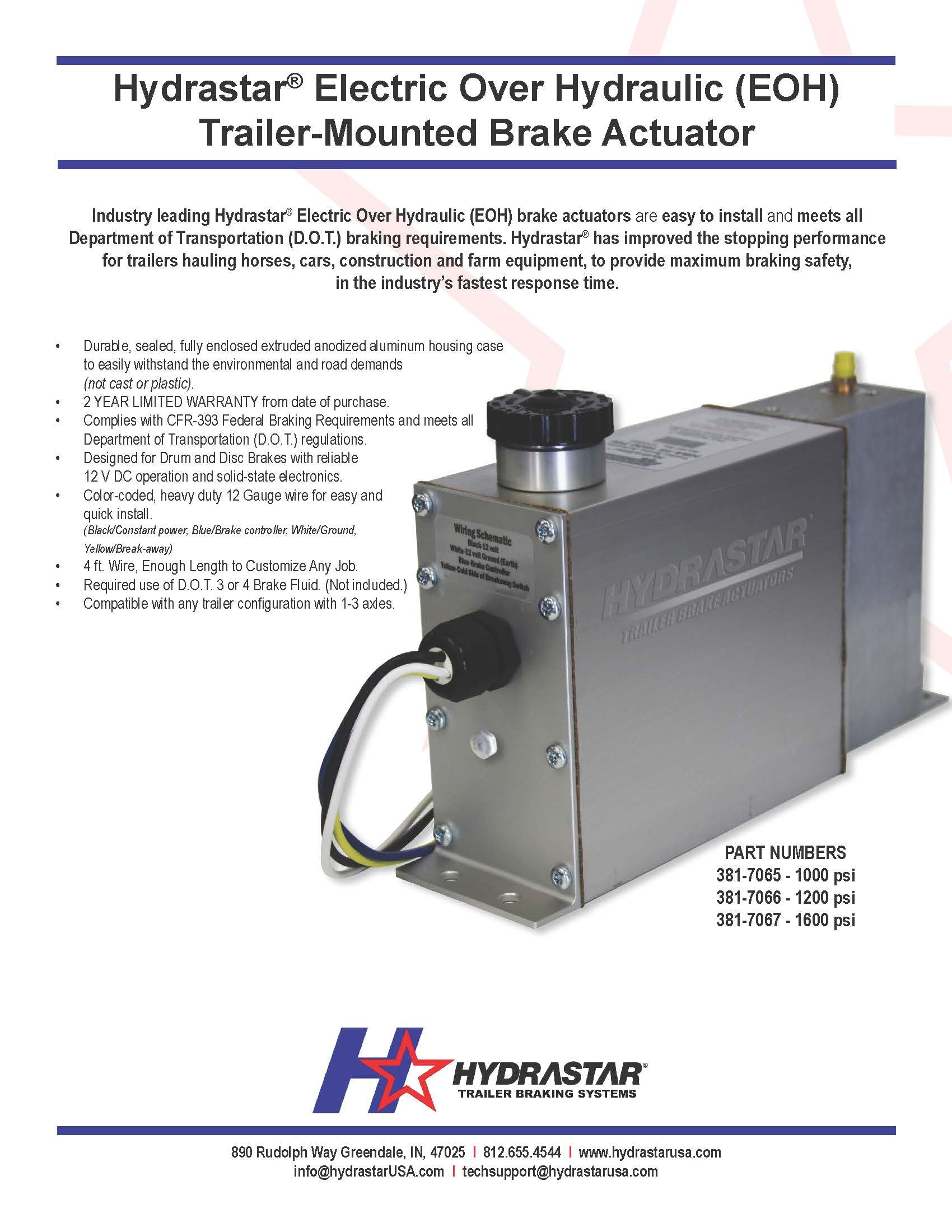 Hydrastar Marine-Grade Electric Over Hydraulic Brake Actuator, 1600 PSI, Aluminum, Model 381-7067