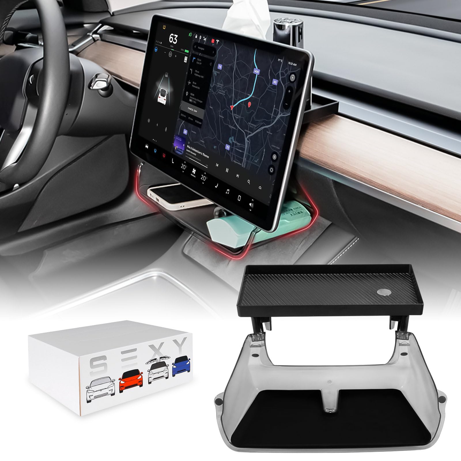 Klutchtech Model 3/Y Center Console Organizer Tray Magnetic Under Screen Storage Box Behind Screen Tray Dashboard Organizer Tiss