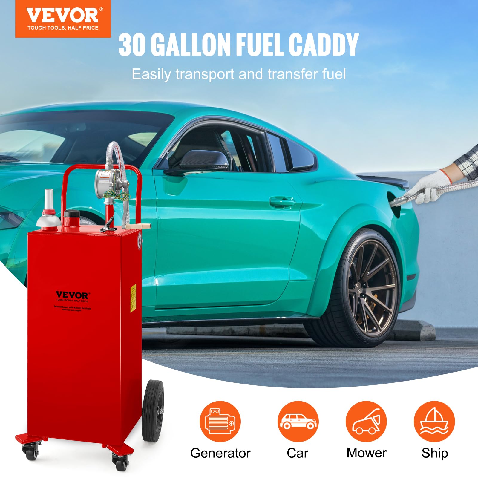VEVOR 30 Gallon Fuel Caddy - Red Carbon Steel Gasoline & Diesel Storage Tank with Manual Pump for Cars, ATVs, Boats