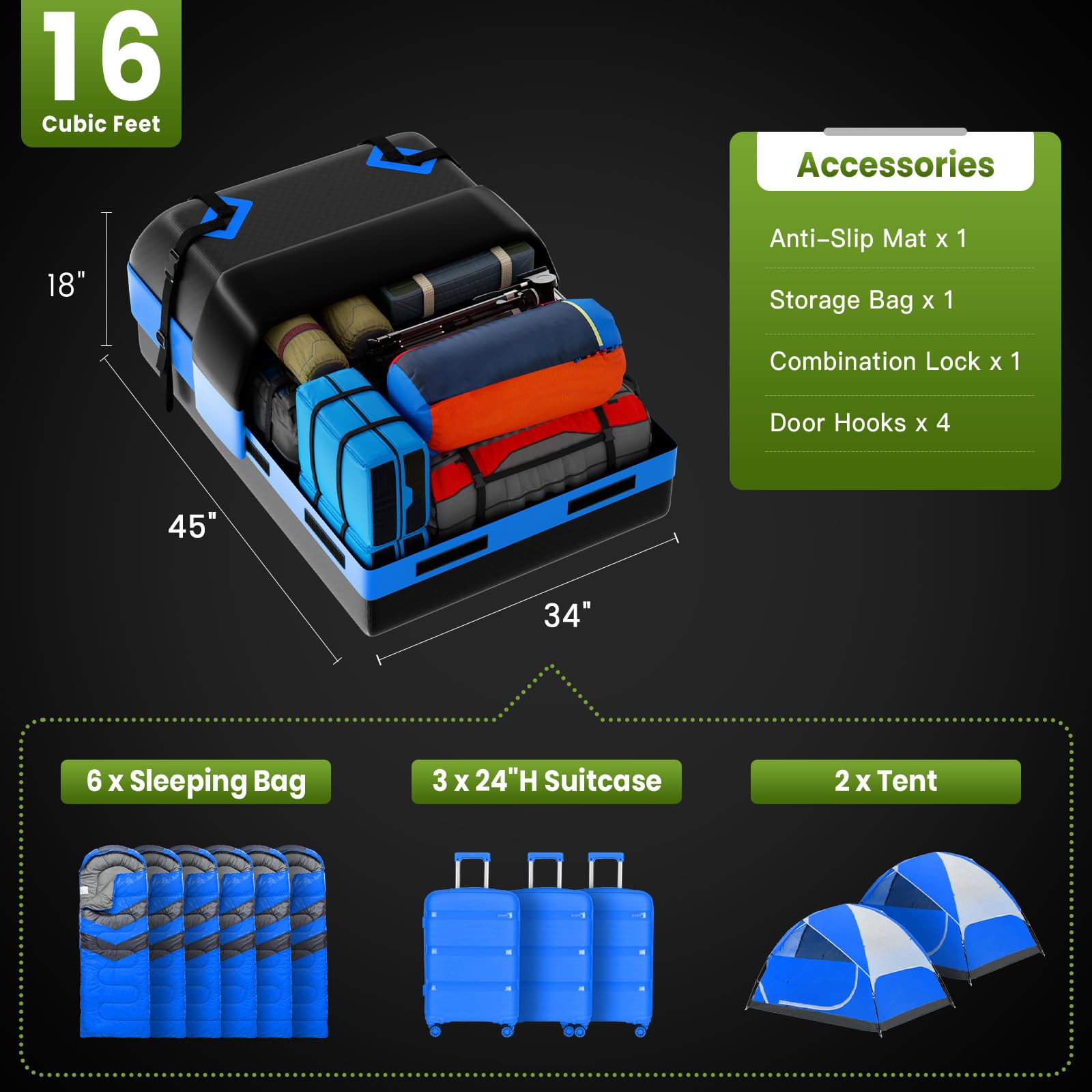 APTY Rooftop Cargo Carrier Bag, 16 Cubic Feet, Waterproof PVC, Model SMA-B16-L, for All Vehicles, Includes Anti-Slip Mat & Lock