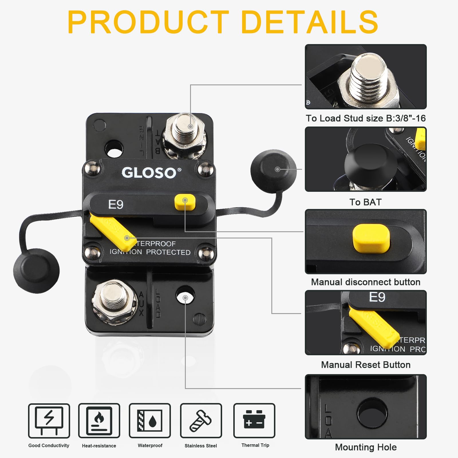Gloso Circuit Breaker E93 200A Breaker Extended Surface Mount 3/8 Diagonal Stud Waterproof Ip67 Marine Rv Truck Hi-Amp (200A)