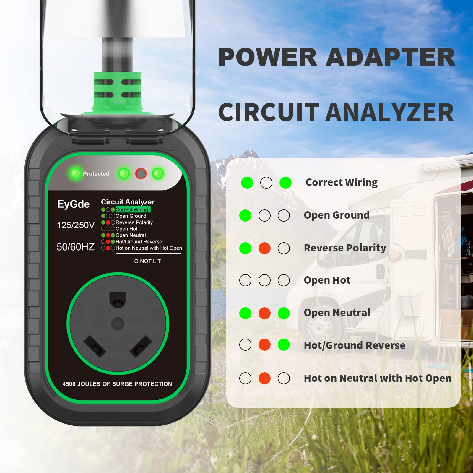 EyGde 4 Prong RV Generator Adapter, Nema L14-30P to TT-30R, 30 Amp, Green with Circuit Analyzer LED Indicator
