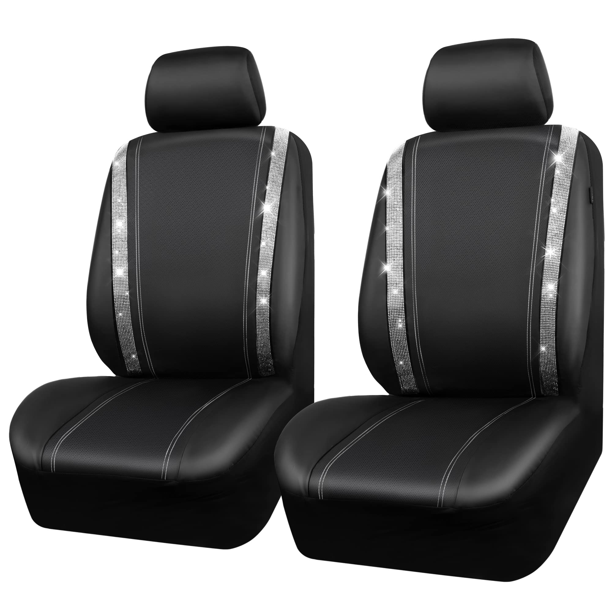 Car Pass Leather Diamond Bling Car Seat Cover 2 Front Interior Sets, Waterproof Universal Shining Glitter Crystal Sparkle Fit For 95% Automotive Truck Suv Cute Women Girl, Black Silver Rhinestone