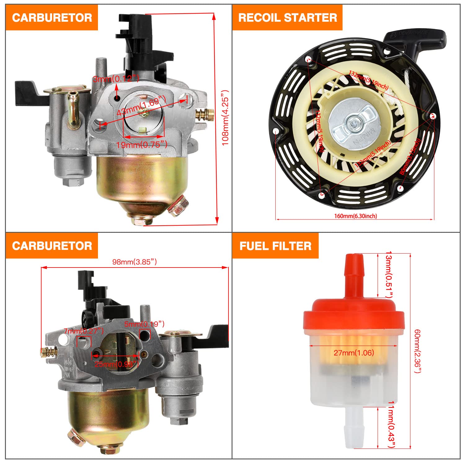 Fvrito Pull Recoil Starter Carburetor Carb For Predator 212Cc 196Cc 6.5Hp Baja Massimo Mb165 Mb200 Coleman Ct200U Trail Bt200X M