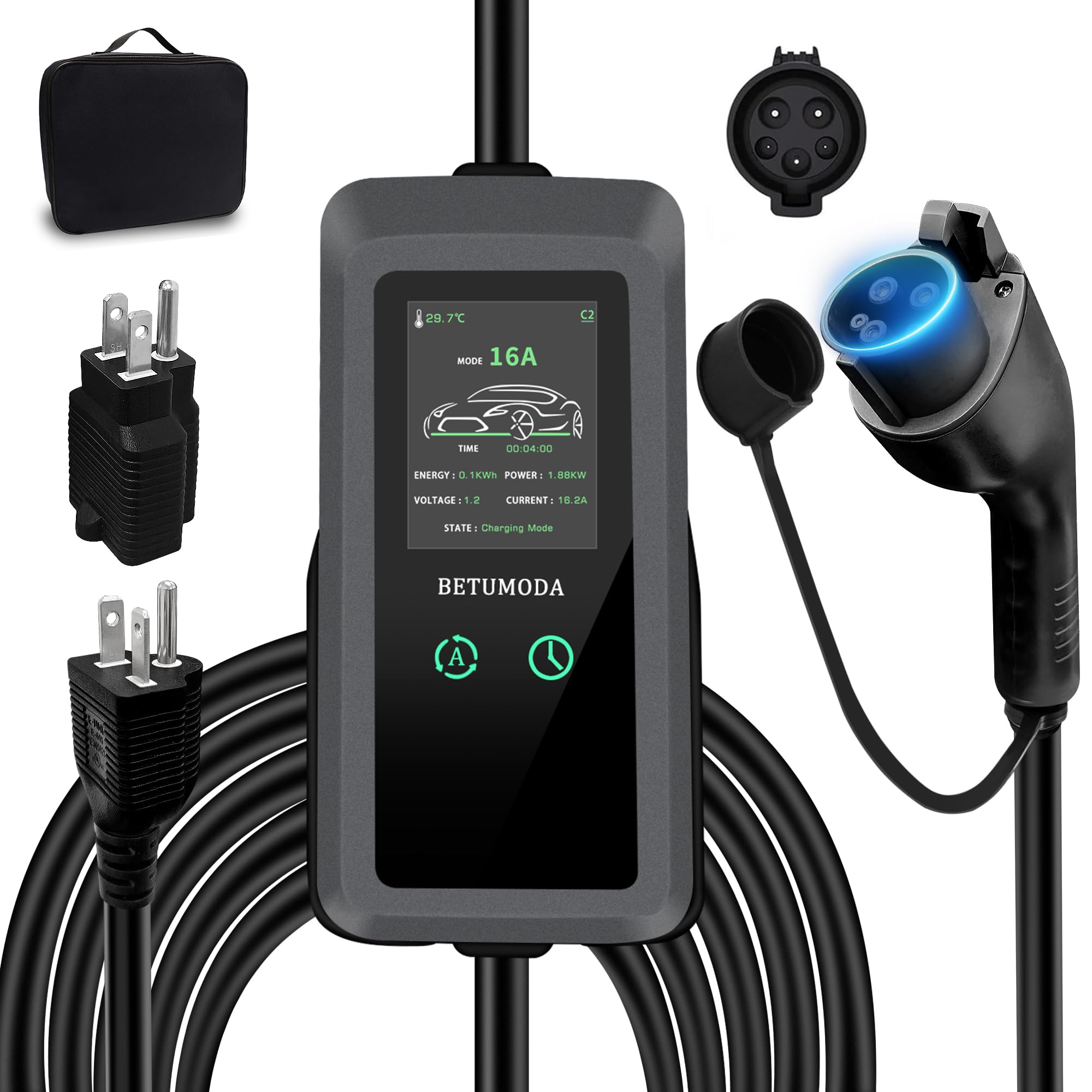 Portable Level 1&2 EV Charger, 16Amp Adjustable Current, Wallbox for Home/Travel, 110V/240V, NEMA 5-15&6-20 Plugs, 24.99FT Cable