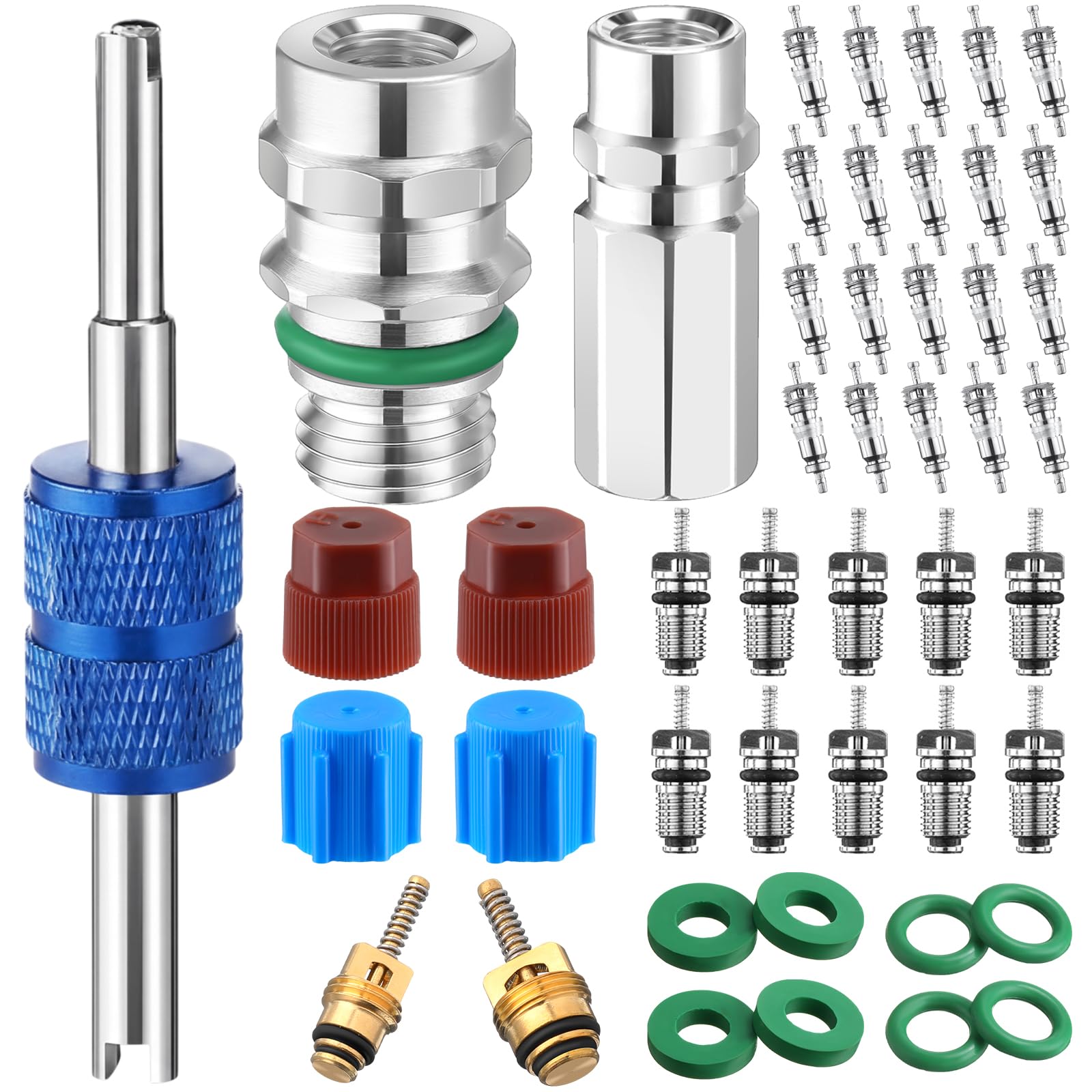 Zonon 47 Pcs Air Conditioning Valve Core Kit R12 R22 to R134a Ac Retrofit Fitting Adapter Kit, High/Low Fitting Port Retrofit 1/