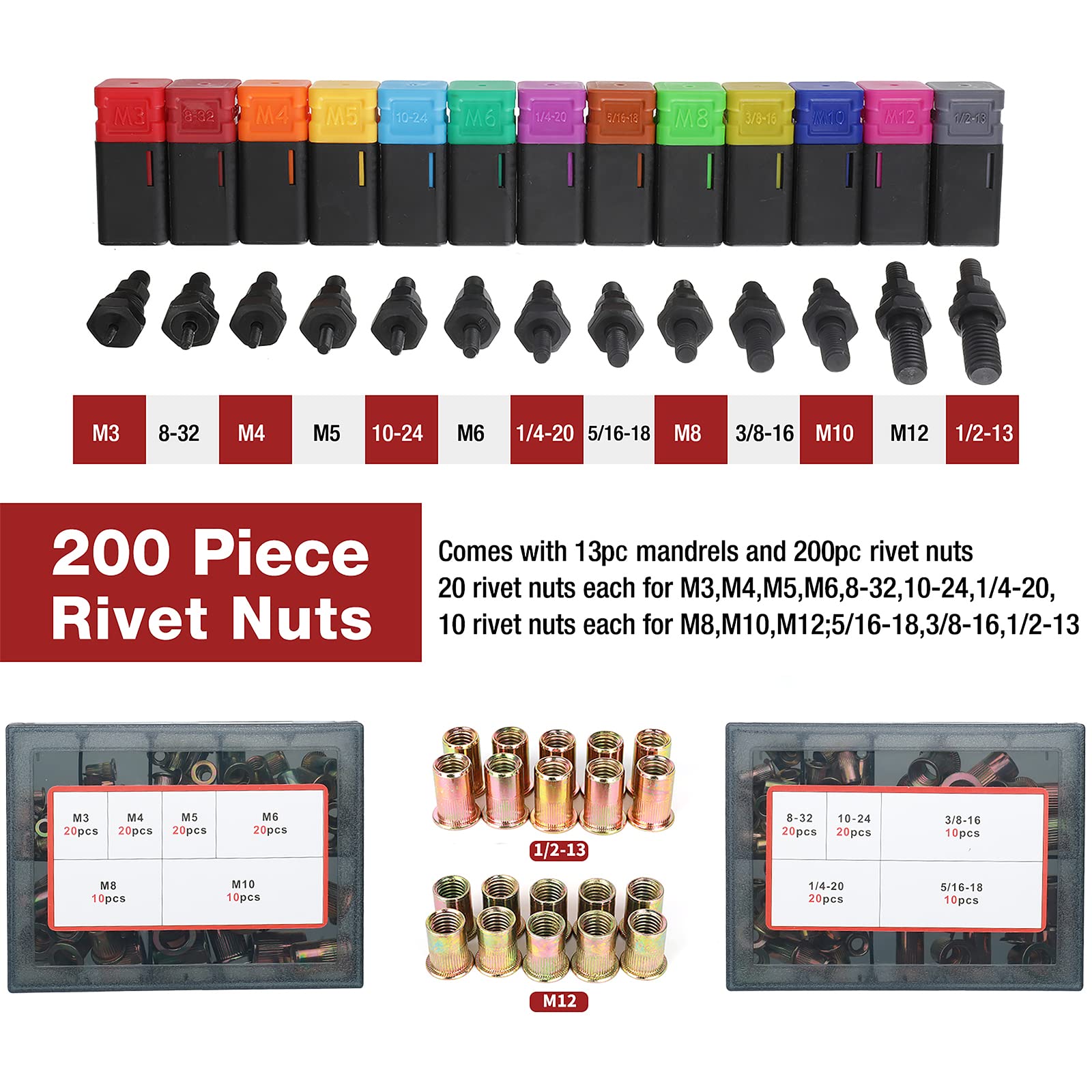 Aiuitio 16 Rivet Nut Tool, Rivnut Tool Kit With 13 Metric And Sae Mandrels, Nutsert Rivet Tool Set With 200Pcs Rivnuts, Threaded Insert Hand Riveter With Rugged Carrying Case