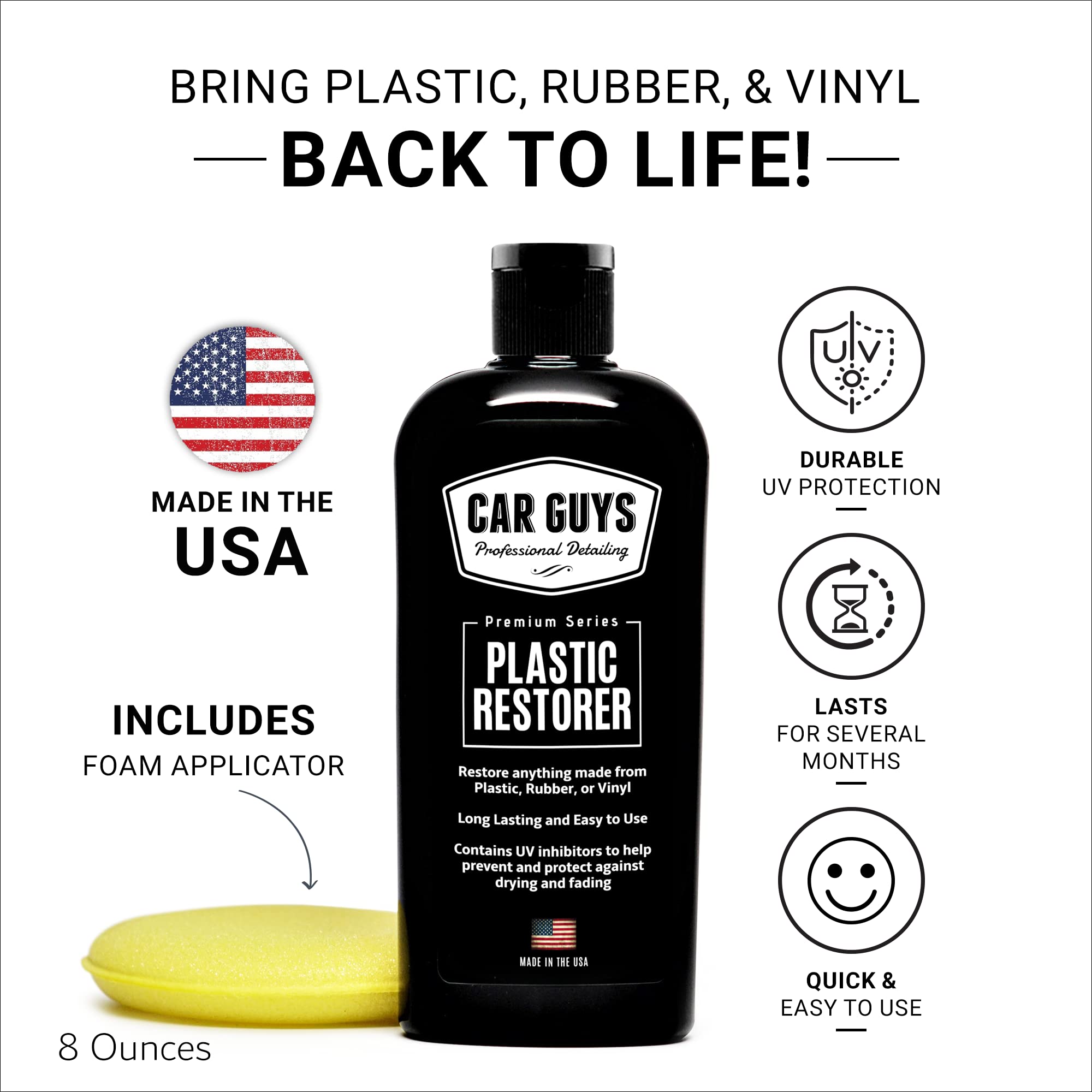 CAR GUYS Plastic Restorer - 8 Oz Kit with Foam Applicator, Grey, Safe for Auto Detailing, Revives Plastic, Rubber, and Vinyl