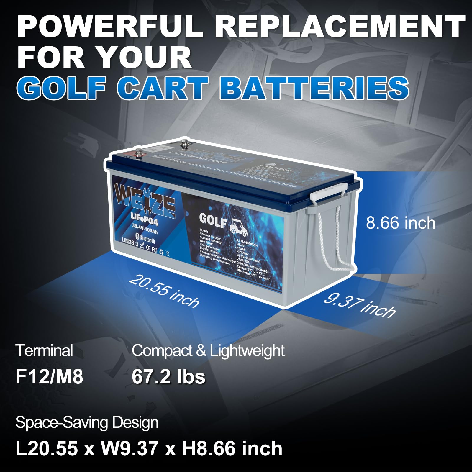 WEIZE 36V 105AH Golf Cart LiFePO4 Battery with 25A Charger, LCD Display, 200A BMS, Low-Temp Protection, Model BAC-0125V