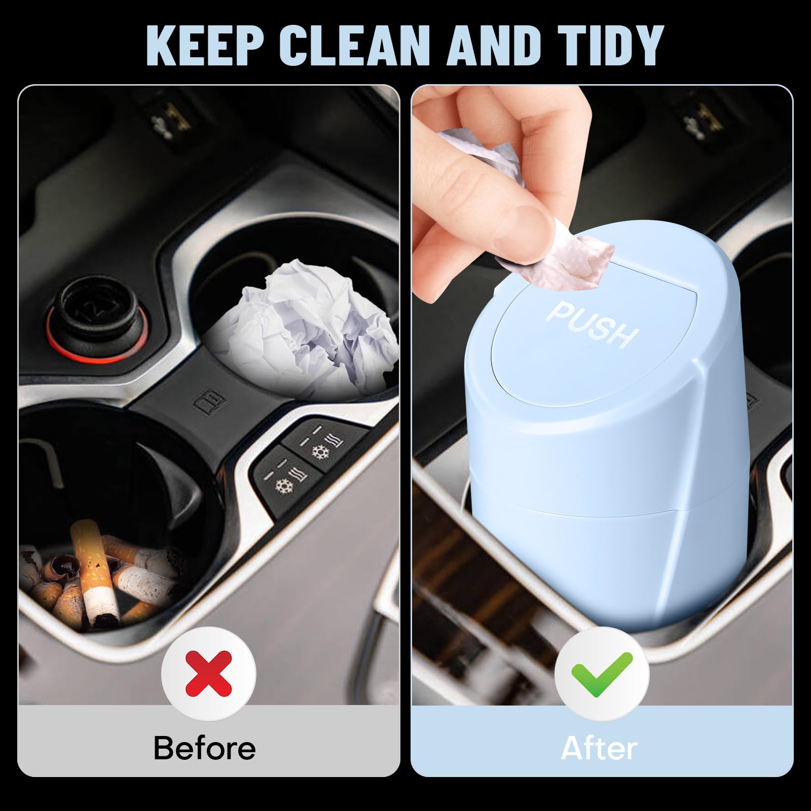 Car Trash Can Bin With Lid - Car Garbage Can Cup Holder - Light Blue Mini Leakproof Vehicle Trash Garbage Can Bin With 20Pcs Tra