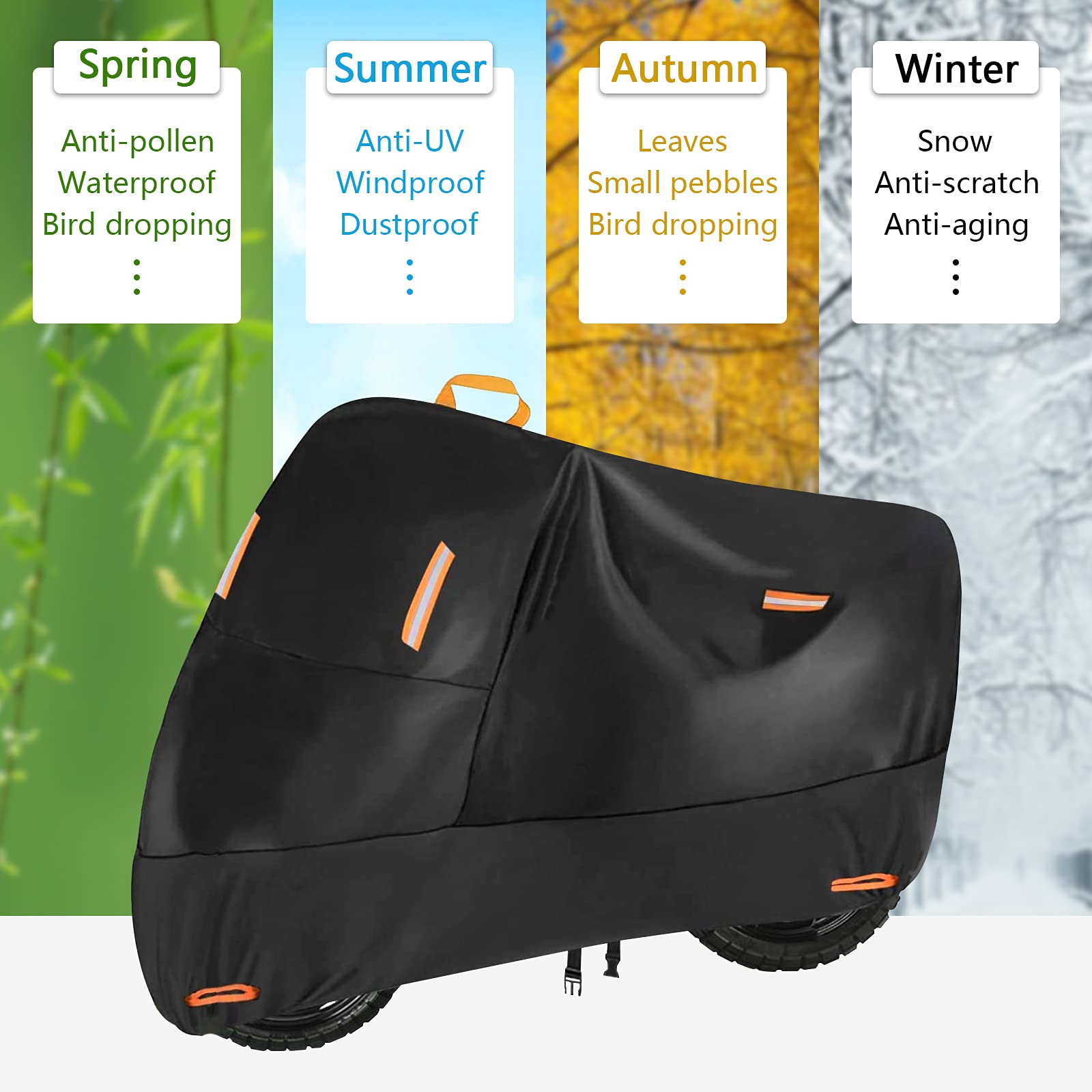 Seceles 300D Heavy Duty Motorcycle Cover, Waterproof, Fits up to 78", Black, with 4 Reflective Strips and Storage Bag