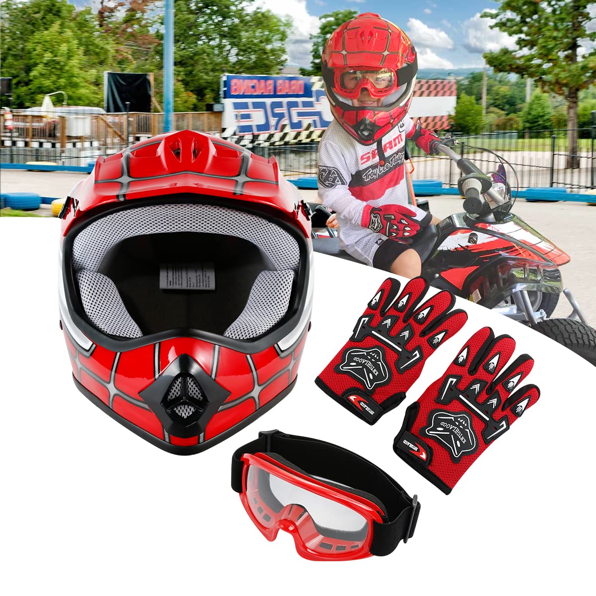 SLMOTO Dot Youth Kids Helmet Motocross Offroad Street Helmet Motorcycle Helmet Dirt Bike Motocross ATV Red Spider Design Helmet+