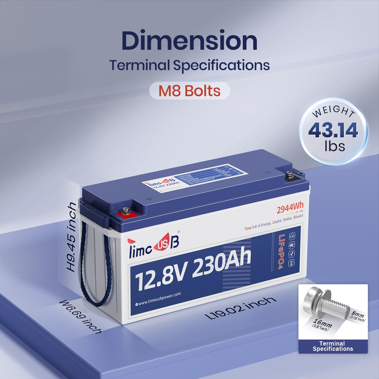 Timeusb 12V 230Ah Lifepo4 Battery, Built-In 150A Bms, Max. 1920W Power Output & 2944Wh Energy Lithium Battery, 15000 Cycles For