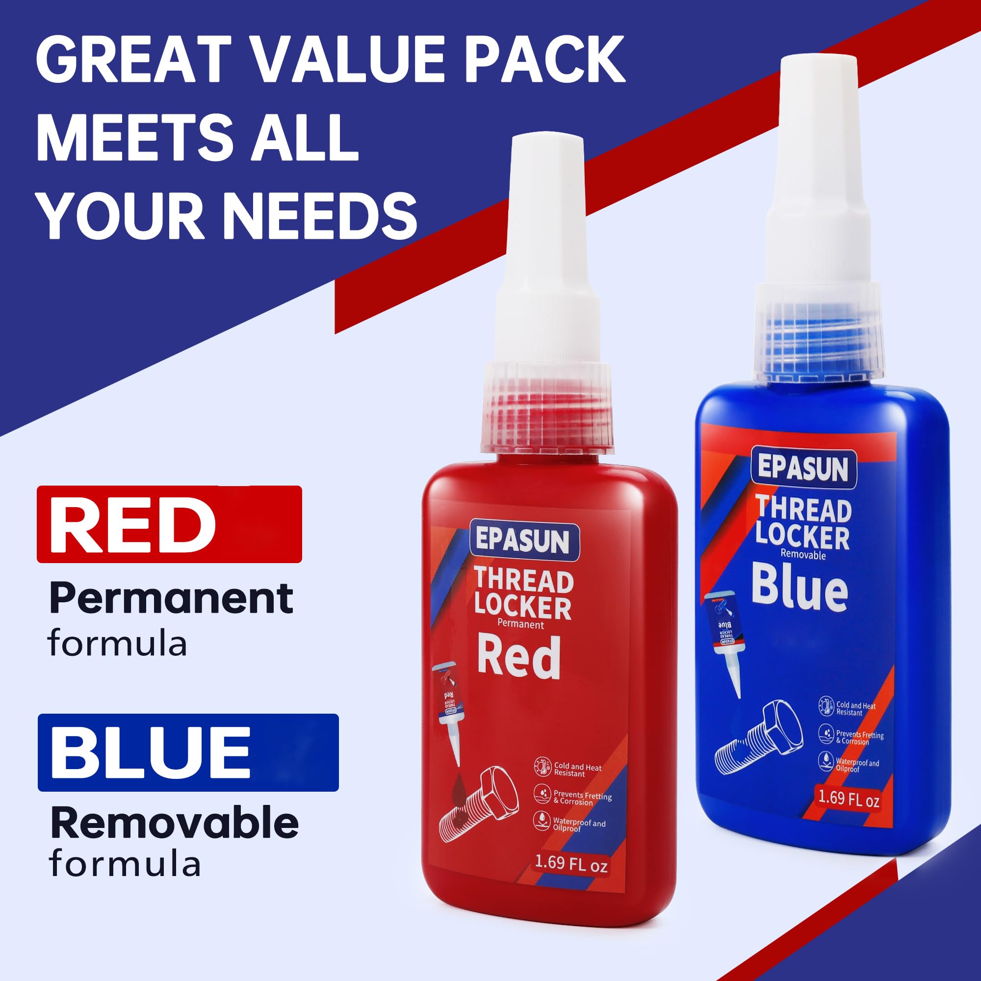 EPASUN Threadlocker Blue and Red, 50ml, Medium and Strong Strength for Nuts, Bolts, Fasteners to Prevent Loosening and Corrosion