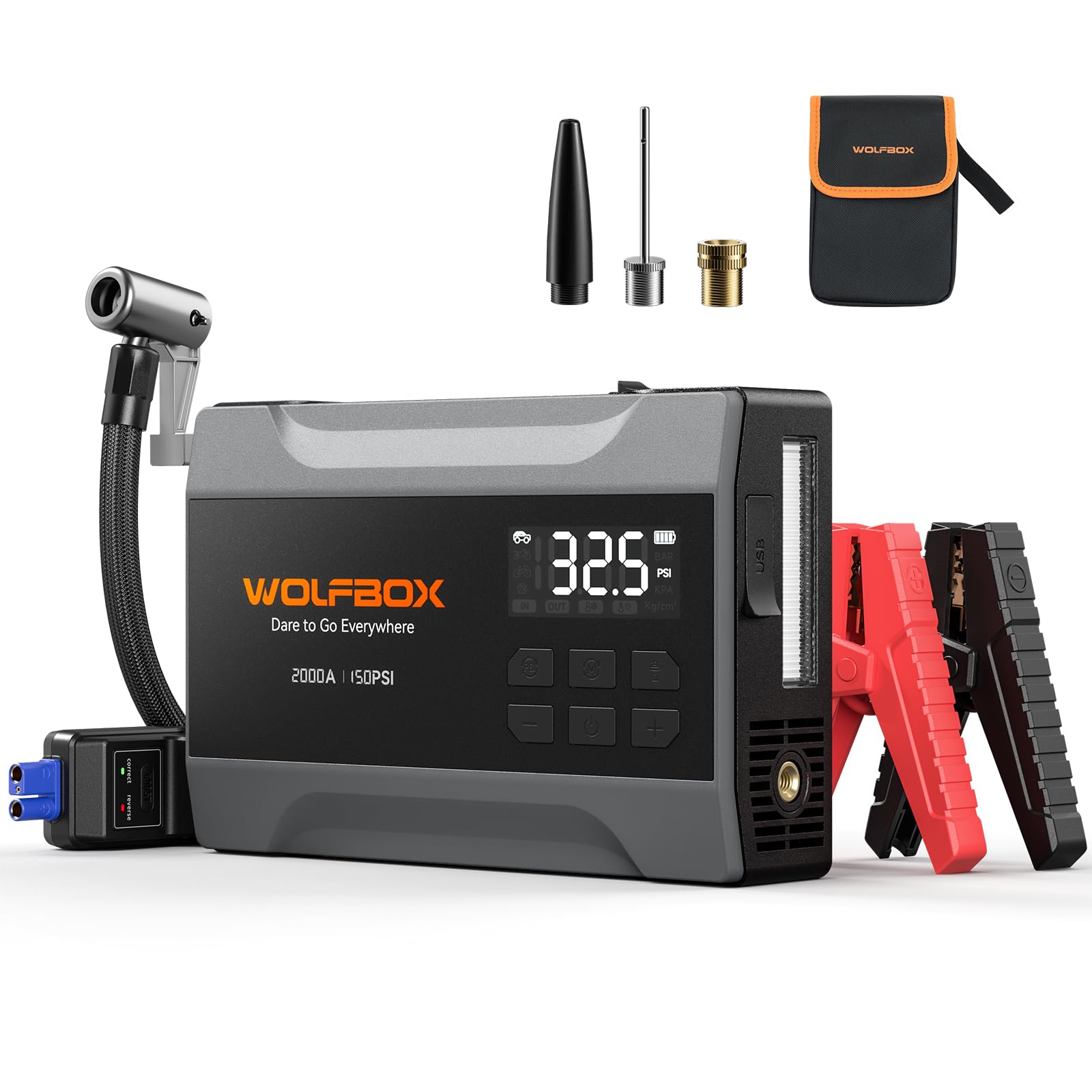 WOLFBOX 2000A Jump Starter with Air Compressor, 37Wh Car Battery Jumper Starter Portable (up to 5L Gas Engine) with 150PSI Tire 