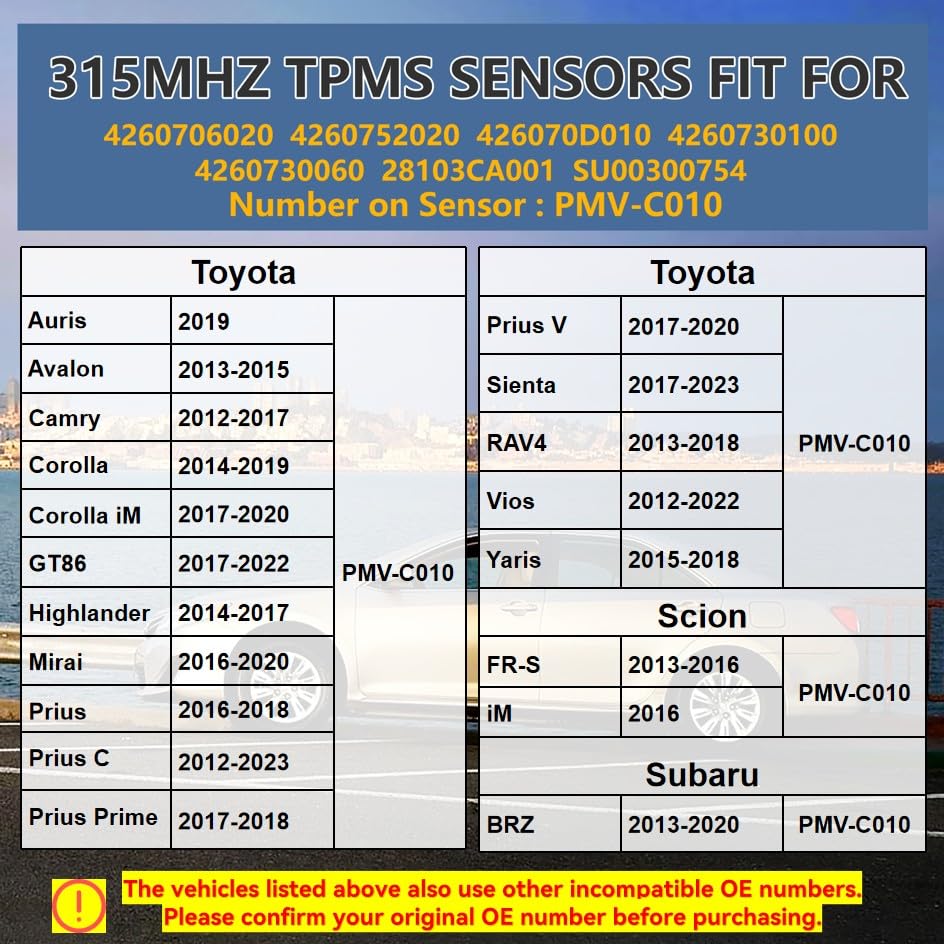 TPMS Tire Pressure Sensors 315MHz Set of 4 Compatible with Toyota Camry Highlander & Scion FR-S & Subaru BRZ Replace# 4260706020