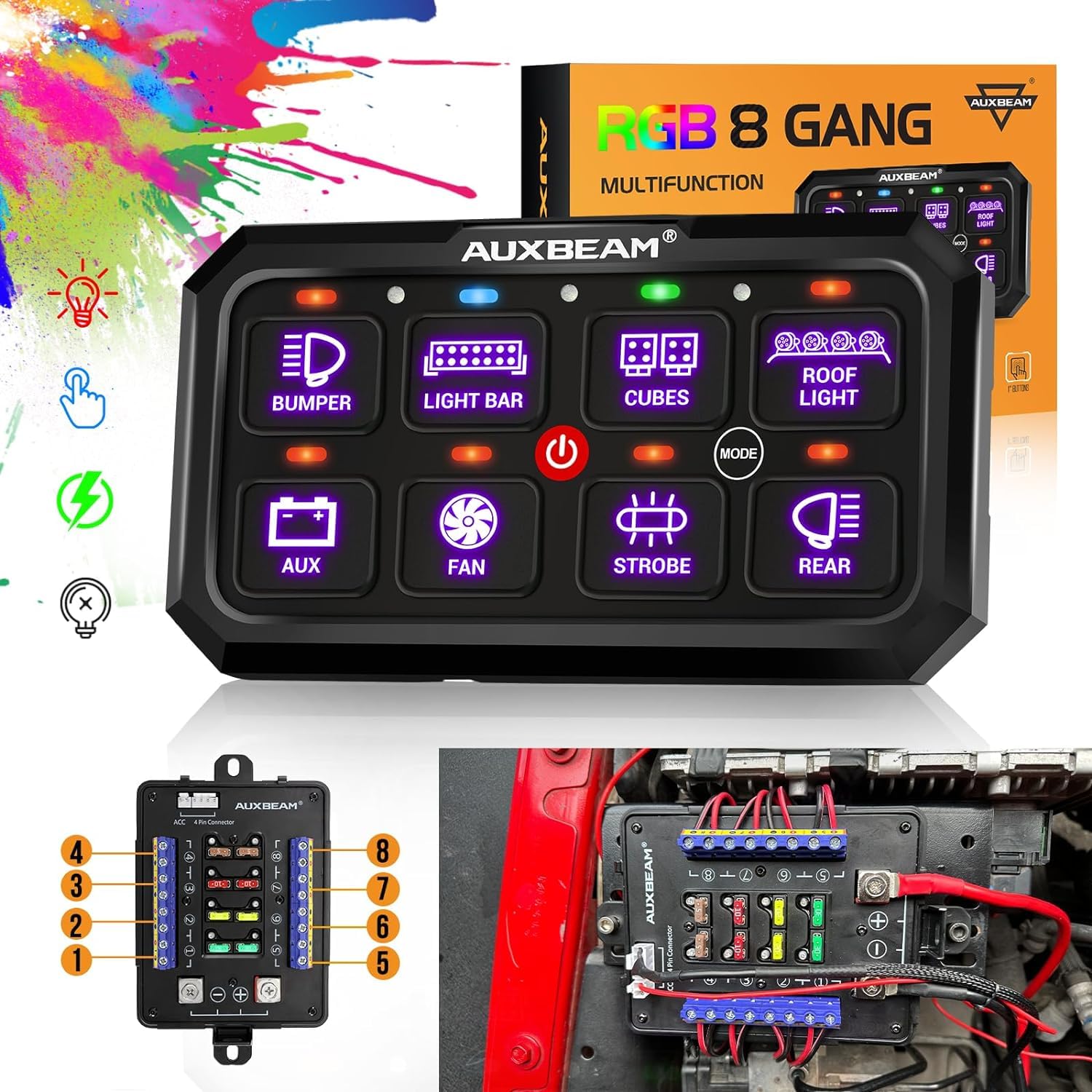 Auxbeam RGB 8 Gang Switch Panel, 5.3 Inch RB80 XL, Waterproof Metal Relay System for Truck, ATV, Marine - Off Backlight Toggle Switch